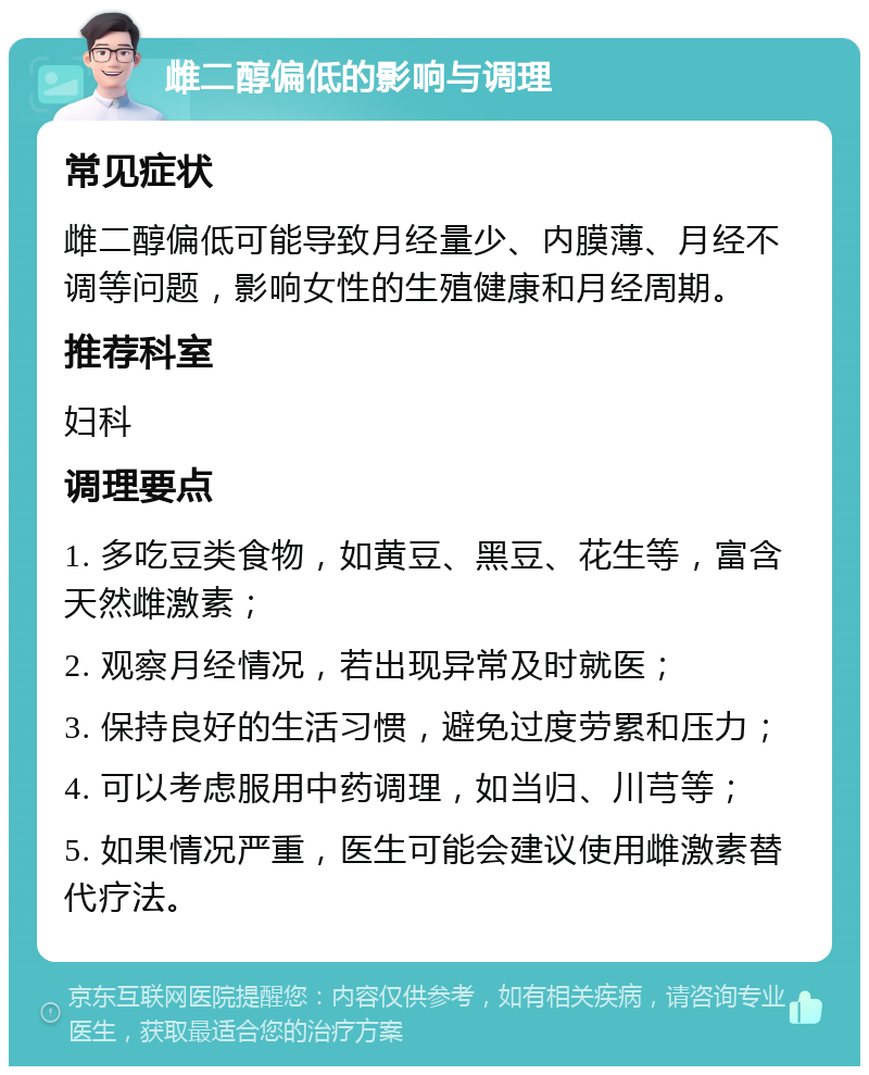 雌二醇偏低的影响与调理 常见症状 雌二醇偏低可能导致月经量少、内膜薄、月经不调等问题，影响女性的生殖健康和月经周期。 推荐科室 妇科 调理要点 1. 多吃豆类食物，如黄豆、黑豆、花生等，富含天然雌激素； 2. 观察月经情况，若出现异常及时就医； 3. 保持良好的生活习惯，避免过度劳累和压力； 4. 可以考虑服用中药调理，如当归、川芎等； 5. 如果情况严重，医生可能会建议使用雌激素替代疗法。