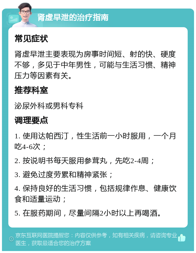 肾虚早泄的治疗指南 常见症状 肾虚早泄主要表现为房事时间短、射的快、硬度不够，多见于中年男性，可能与生活习惯、精神压力等因素有关。 推荐科室 泌尿外科或男科专科 调理要点 1. 使用达帕西汀，性生活前一小时服用，一个月吃4-6次； 2. 按说明书每天服用参茸丸，先吃2-4周； 3. 避免过度劳累和精神紧张； 4. 保持良好的生活习惯，包括规律作息、健康饮食和适量运动； 5. 在服药期间，尽量间隔2小时以上再喝酒。