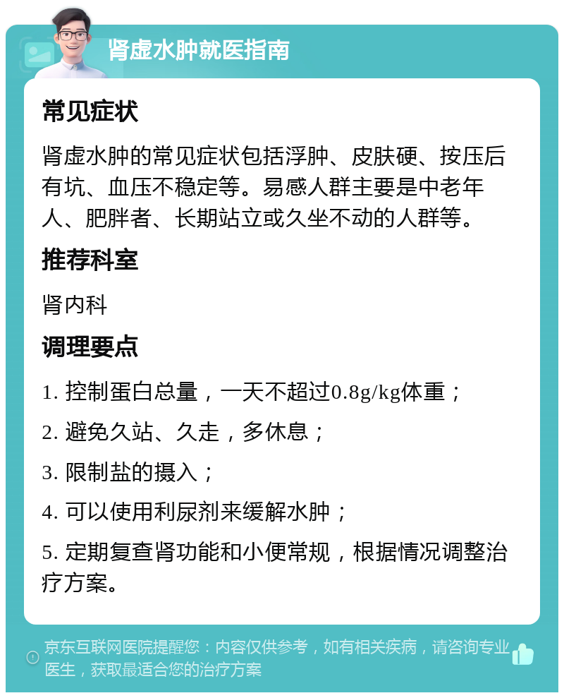 肾虚水肿就医指南 常见症状 肾虚水肿的常见症状包括浮肿、皮肤硬、按压后有坑、血压不稳定等。易感人群主要是中老年人、肥胖者、长期站立或久坐不动的人群等。 推荐科室 肾内科 调理要点 1. 控制蛋白总量，一天不超过0.8g/kg体重； 2. 避免久站、久走，多休息； 3. 限制盐的摄入； 4. 可以使用利尿剂来缓解水肿； 5. 定期复查肾功能和小便常规，根据情况调整治疗方案。