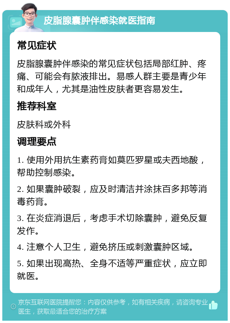 皮脂腺囊肿伴感染就医指南 常见症状 皮脂腺囊肿伴感染的常见症状包括局部红肿、疼痛、可能会有脓液排出。易感人群主要是青少年和成年人，尤其是油性皮肤者更容易发生。 推荐科室 皮肤科或外科 调理要点 1. 使用外用抗生素药膏如莫匹罗星或夫西地酸，帮助控制感染。 2. 如果囊肿破裂，应及时清洁并涂抹百多邦等消毒药膏。 3. 在炎症消退后，考虑手术切除囊肿，避免反复发作。 4. 注意个人卫生，避免挤压或刺激囊肿区域。 5. 如果出现高热、全身不适等严重症状，应立即就医。