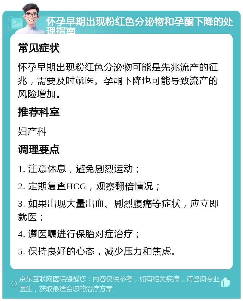 怀孕早期出现粉红色分泌物和孕酮下降的处理指南 常见症状 怀孕早期出现粉红色分泌物可能是先兆流产的征兆，需要及时就医。孕酮下降也可能导致流产的风险增加。 推荐科室 妇产科 调理要点 1. 注意休息，避免剧烈运动； 2. 定期复查HCG，观察翻倍情况； 3. 如果出现大量出血、剧烈腹痛等症状，应立即就医； 4. 遵医嘱进行保胎对症治疗； 5. 保持良好的心态，减少压力和焦虑。