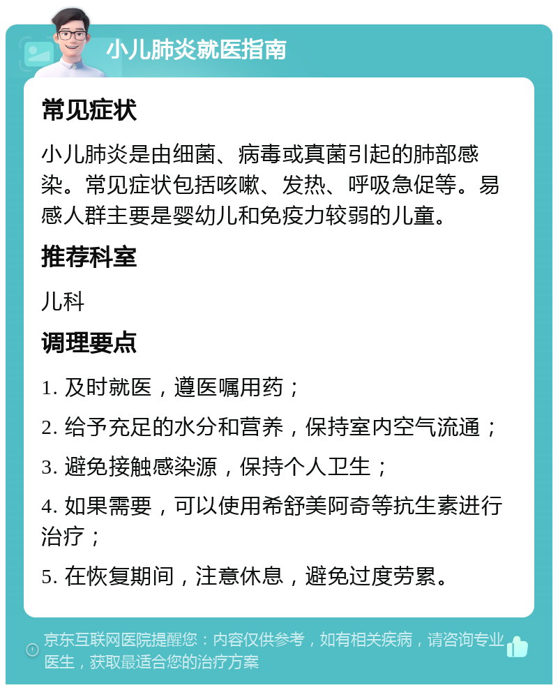 小儿肺炎就医指南 常见症状 小儿肺炎是由细菌、病毒或真菌引起的肺部感染。常见症状包括咳嗽、发热、呼吸急促等。易感人群主要是婴幼儿和免疫力较弱的儿童。 推荐科室 儿科 调理要点 1. 及时就医，遵医嘱用药； 2. 给予充足的水分和营养，保持室内空气流通； 3. 避免接触感染源，保持个人卫生； 4. 如果需要，可以使用希舒美阿奇等抗生素进行治疗； 5. 在恢复期间，注意休息，避免过度劳累。