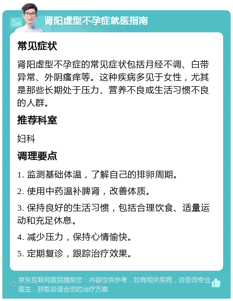 肾阳虚型不孕症就医指南 常见症状 肾阳虚型不孕症的常见症状包括月经不调、白带异常、外阴瘙痒等。这种疾病多见于女性，尤其是那些长期处于压力、营养不良或生活习惯不良的人群。 推荐科室 妇科 调理要点 1. 监测基础体温，了解自己的排卵周期。 2. 使用中药温补脾肾，改善体质。 3. 保持良好的生活习惯，包括合理饮食、适量运动和充足休息。 4. 减少压力，保持心情愉快。 5. 定期复诊，跟踪治疗效果。