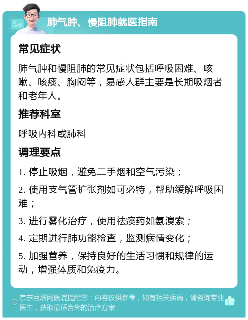 肺气肿、慢阻肺就医指南 常见症状 肺气肿和慢阻肺的常见症状包括呼吸困难、咳嗽、咳痰、胸闷等，易感人群主要是长期吸烟者和老年人。 推荐科室 呼吸内科或肺科 调理要点 1. 停止吸烟，避免二手烟和空气污染； 2. 使用支气管扩张剂如可必特，帮助缓解呼吸困难； 3. 进行雾化治疗，使用祛痰药如氨溴索； 4. 定期进行肺功能检查，监测病情变化； 5. 加强营养，保持良好的生活习惯和规律的运动，增强体质和免疫力。