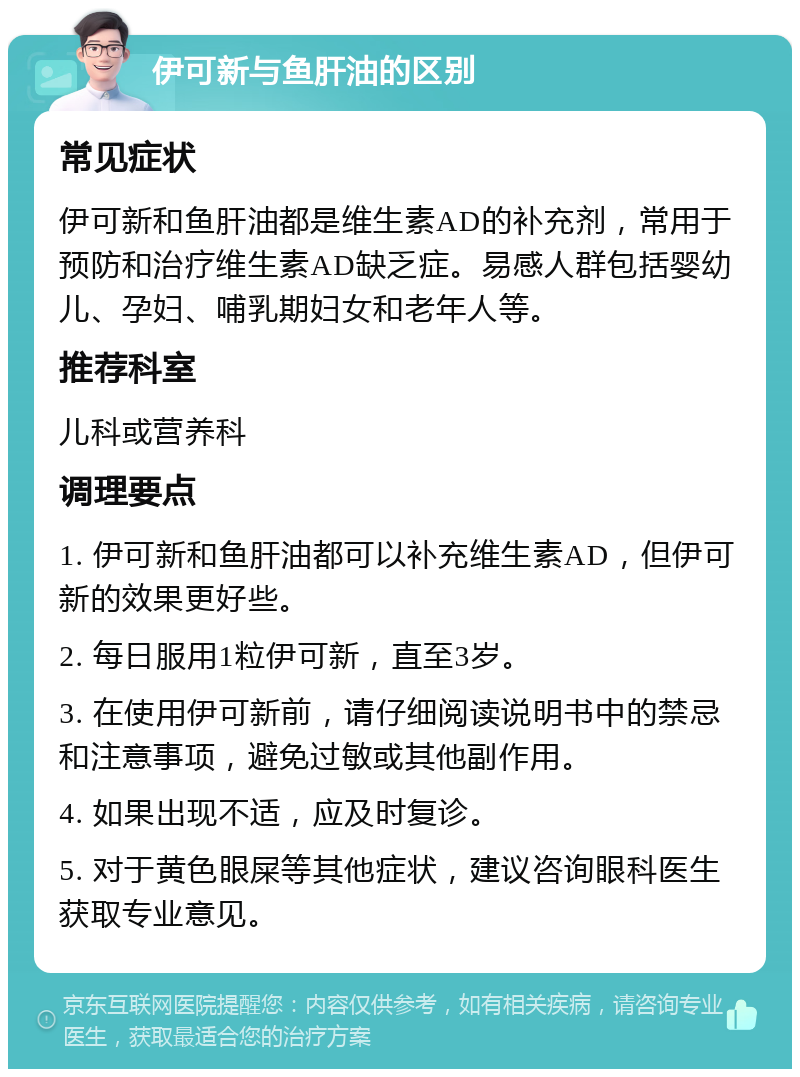 伊可新与鱼肝油的区别 常见症状 伊可新和鱼肝油都是维生素AD的补充剂，常用于预防和治疗维生素AD缺乏症。易感人群包括婴幼儿、孕妇、哺乳期妇女和老年人等。 推荐科室 儿科或营养科 调理要点 1. 伊可新和鱼肝油都可以补充维生素AD，但伊可新的效果更好些。 2. 每日服用1粒伊可新，直至3岁。 3. 在使用伊可新前，请仔细阅读说明书中的禁忌和注意事项，避免过敏或其他副作用。 4. 如果出现不适，应及时复诊。 5. 对于黄色眼屎等其他症状，建议咨询眼科医生获取专业意见。