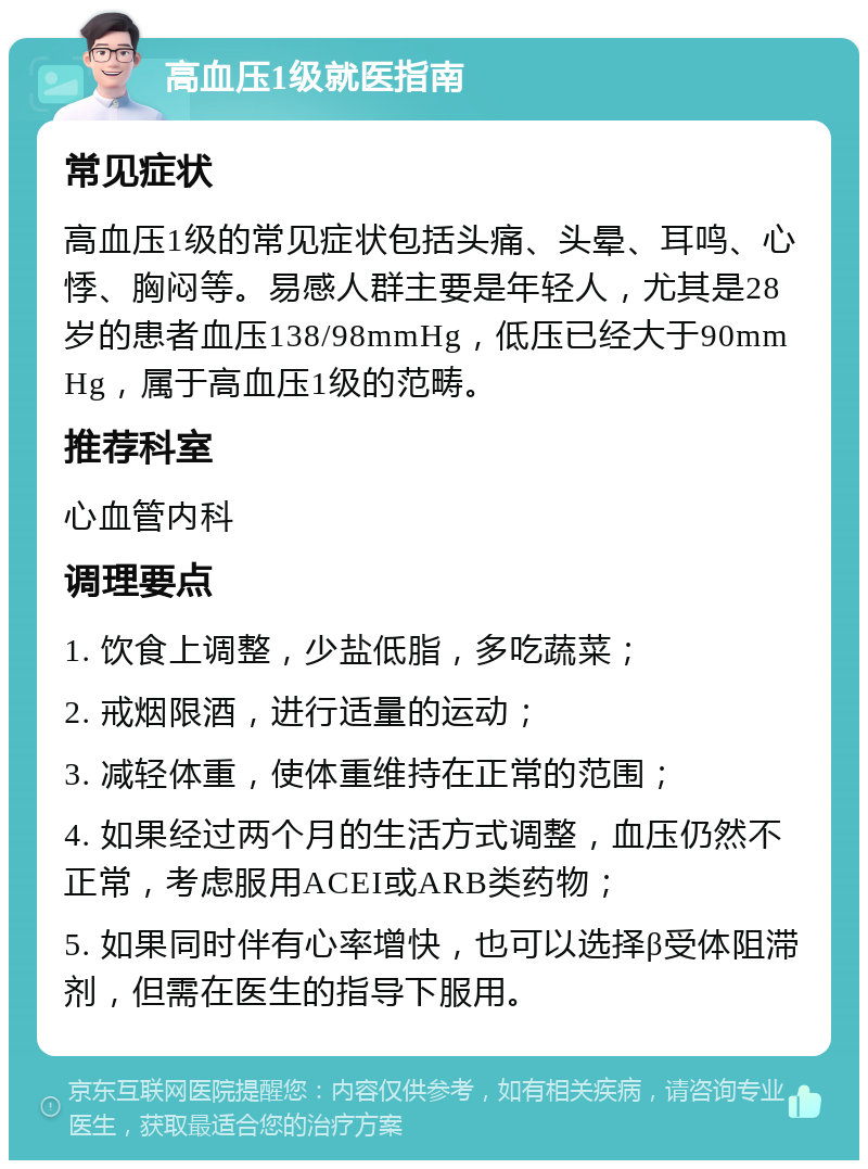 高血压1级就医指南 常见症状 高血压1级的常见症状包括头痛、头晕、耳鸣、心悸、胸闷等。易感人群主要是年轻人，尤其是28岁的患者血压138/98mmHg，低压已经大于90mmHg，属于高血压1级的范畴。 推荐科室 心血管内科 调理要点 1. 饮食上调整，少盐低脂，多吃蔬菜； 2. 戒烟限酒，进行适量的运动； 3. 减轻体重，使体重维持在正常的范围； 4. 如果经过两个月的生活方式调整，血压仍然不正常，考虑服用ACEI或ARB类药物； 5. 如果同时伴有心率增快，也可以选择β受体阻滞剂，但需在医生的指导下服用。