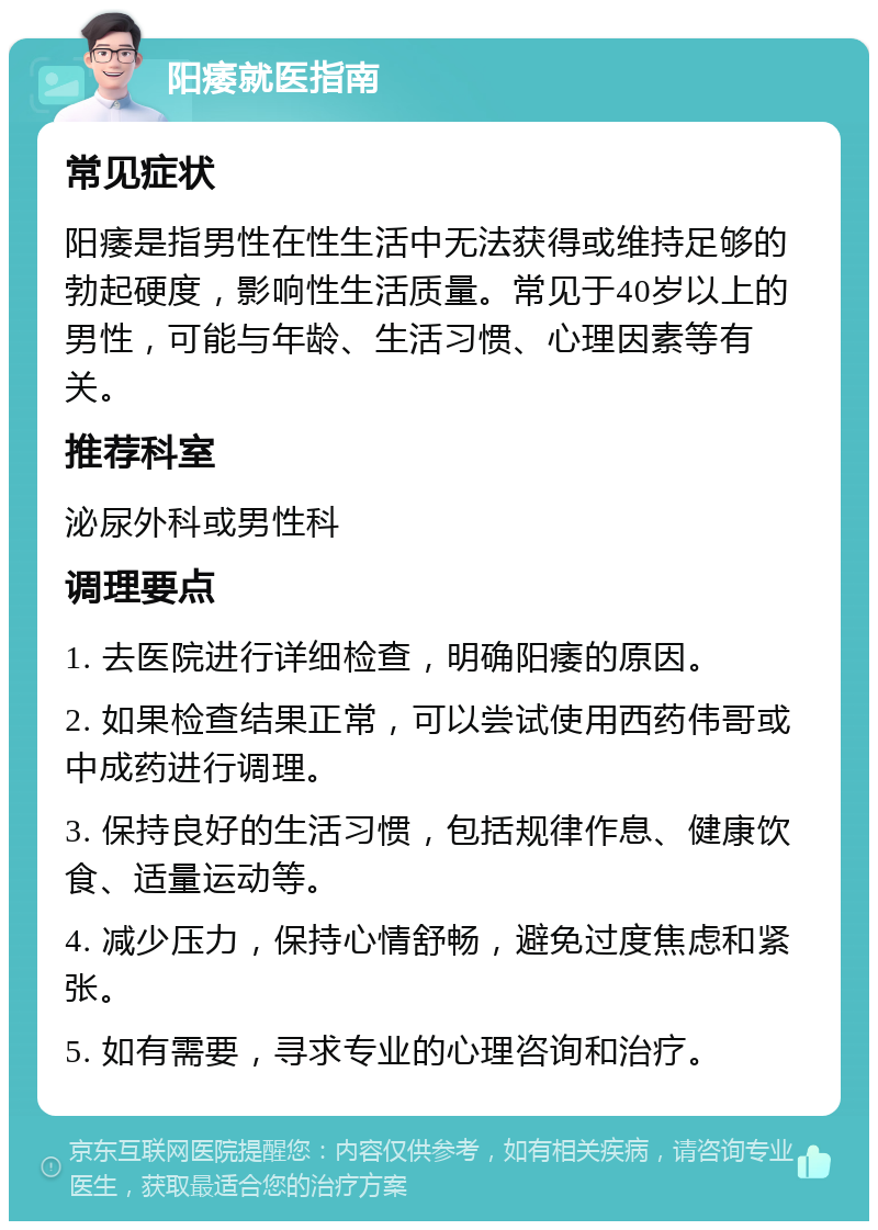 阳痿就医指南 常见症状 阳痿是指男性在性生活中无法获得或维持足够的勃起硬度，影响性生活质量。常见于40岁以上的男性，可能与年龄、生活习惯、心理因素等有关。 推荐科室 泌尿外科或男性科 调理要点 1. 去医院进行详细检查，明确阳痿的原因。 2. 如果检查结果正常，可以尝试使用西药伟哥或中成药进行调理。 3. 保持良好的生活习惯，包括规律作息、健康饮食、适量运动等。 4. 减少压力，保持心情舒畅，避免过度焦虑和紧张。 5. 如有需要，寻求专业的心理咨询和治疗。