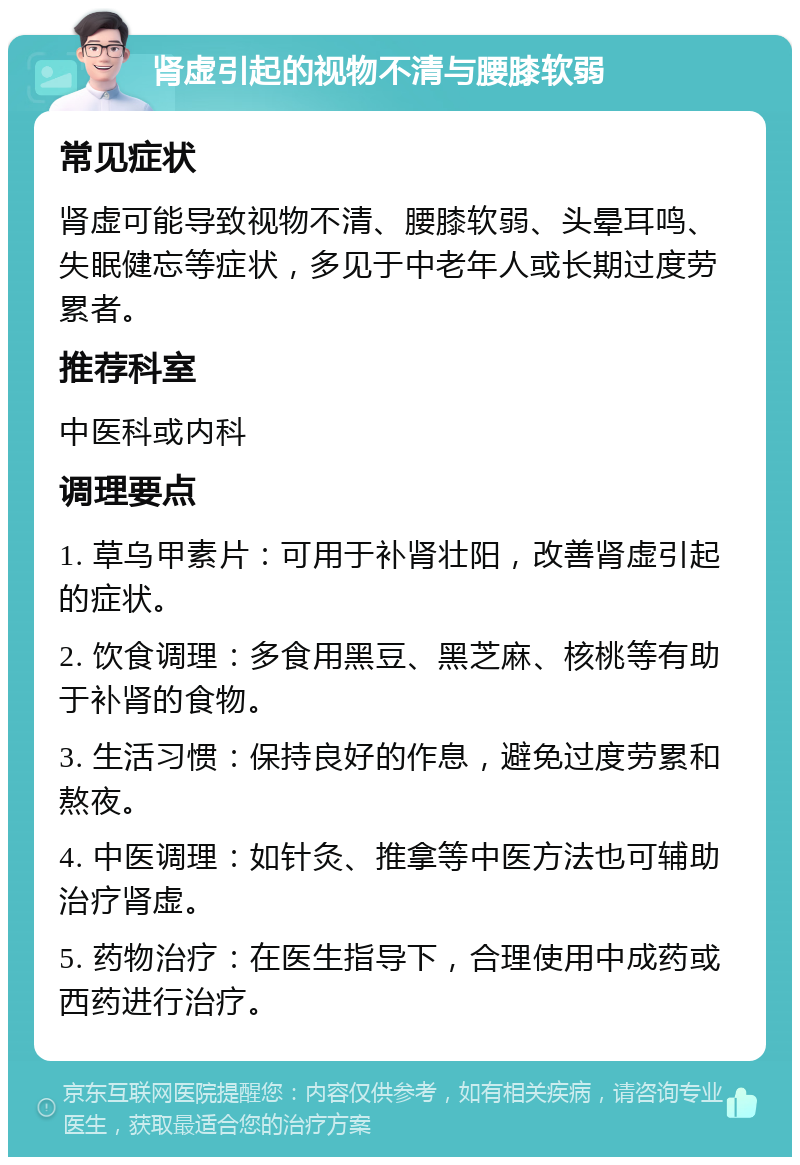 肾虚引起的视物不清与腰膝软弱 常见症状 肾虚可能导致视物不清、腰膝软弱、头晕耳鸣、失眠健忘等症状，多见于中老年人或长期过度劳累者。 推荐科室 中医科或内科 调理要点 1. 草乌甲素片：可用于补肾壮阳，改善肾虚引起的症状。 2. 饮食调理：多食用黑豆、黑芝麻、核桃等有助于补肾的食物。 3. 生活习惯：保持良好的作息，避免过度劳累和熬夜。 4. 中医调理：如针灸、推拿等中医方法也可辅助治疗肾虚。 5. 药物治疗：在医生指导下，合理使用中成药或西药进行治疗。