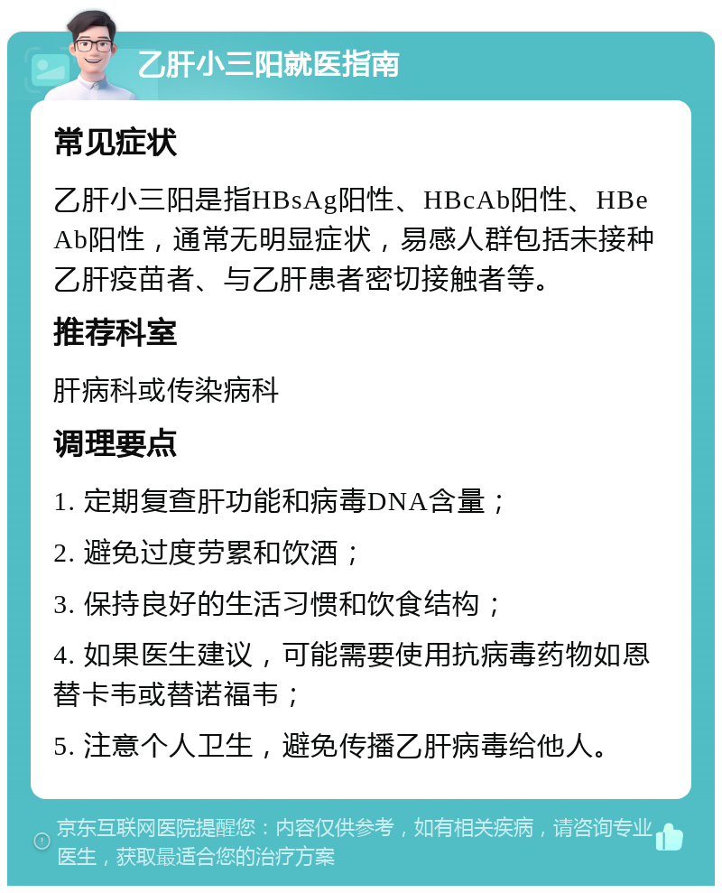 乙肝小三阳就医指南 常见症状 乙肝小三阳是指HBsAg阳性、HBcAb阳性、HBeAb阳性，通常无明显症状，易感人群包括未接种乙肝疫苗者、与乙肝患者密切接触者等。 推荐科室 肝病科或传染病科 调理要点 1. 定期复查肝功能和病毒DNA含量； 2. 避免过度劳累和饮酒； 3. 保持良好的生活习惯和饮食结构； 4. 如果医生建议，可能需要使用抗病毒药物如恩替卡韦或替诺福韦； 5. 注意个人卫生，避免传播乙肝病毒给他人。