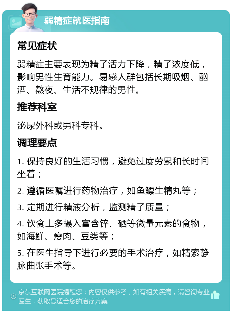 弱精症就医指南 常见症状 弱精症主要表现为精子活力下降，精子浓度低，影响男性生育能力。易感人群包括长期吸烟、酗酒、熬夜、生活不规律的男性。 推荐科室 泌尿外科或男科专科。 调理要点 1. 保持良好的生活习惯，避免过度劳累和长时间坐着； 2. 遵循医嘱进行药物治疗，如鱼鳔生精丸等； 3. 定期进行精液分析，监测精子质量； 4. 饮食上多摄入富含锌、硒等微量元素的食物，如海鲜、瘦肉、豆类等； 5. 在医生指导下进行必要的手术治疗，如精索静脉曲张手术等。