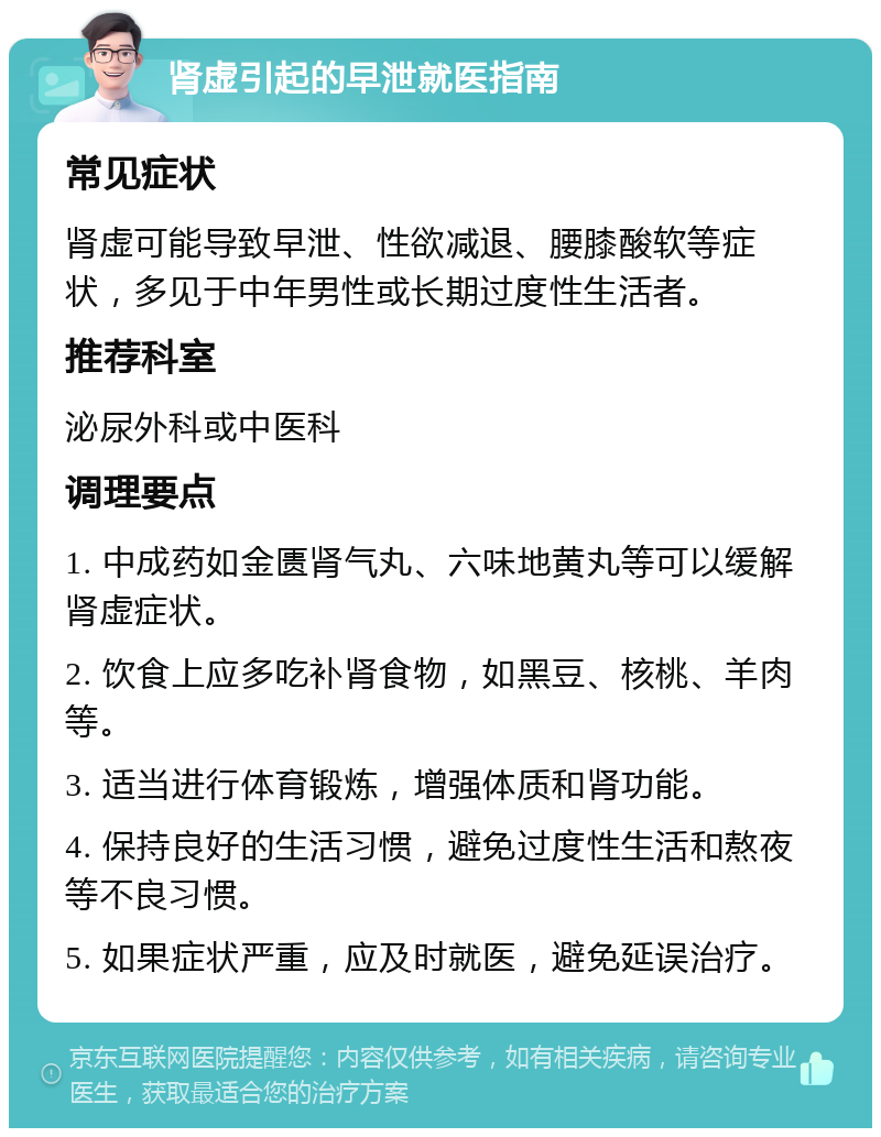 肾虚引起的早泄就医指南 常见症状 肾虚可能导致早泄、性欲减退、腰膝酸软等症状，多见于中年男性或长期过度性生活者。 推荐科室 泌尿外科或中医科 调理要点 1. 中成药如金匮肾气丸、六味地黄丸等可以缓解肾虚症状。 2. 饮食上应多吃补肾食物，如黑豆、核桃、羊肉等。 3. 适当进行体育锻炼，增强体质和肾功能。 4. 保持良好的生活习惯，避免过度性生活和熬夜等不良习惯。 5. 如果症状严重，应及时就医，避免延误治疗。