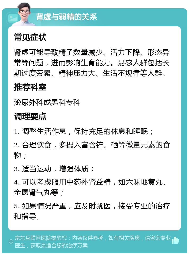 肾虚与弱精的关系 常见症状 肾虚可能导致精子数量减少、活力下降、形态异常等问题，进而影响生育能力。易感人群包括长期过度劳累、精神压力大、生活不规律等人群。 推荐科室 泌尿外科或男科专科 调理要点 1. 调整生活作息，保持充足的休息和睡眠； 2. 合理饮食，多摄入富含锌、硒等微量元素的食物； 3. 适当运动，增强体质； 4. 可以考虑服用中药补肾益精，如六味地黄丸、金匮肾气丸等； 5. 如果情况严重，应及时就医，接受专业的治疗和指导。