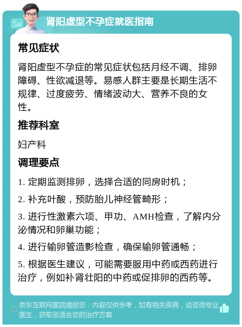 肾阳虚型不孕症就医指南 常见症状 肾阳虚型不孕症的常见症状包括月经不调、排卵障碍、性欲减退等。易感人群主要是长期生活不规律、过度疲劳、情绪波动大、营养不良的女性。 推荐科室 妇产科 调理要点 1. 定期监测排卵，选择合适的同房时机； 2. 补充叶酸，预防胎儿神经管畸形； 3. 进行性激素六项、甲功、AMH检查，了解内分泌情况和卵巢功能； 4. 进行输卵管造影检查，确保输卵管通畅； 5. 根据医生建议，可能需要服用中药或西药进行治疗，例如补肾壮阳的中药或促排卵的西药等。