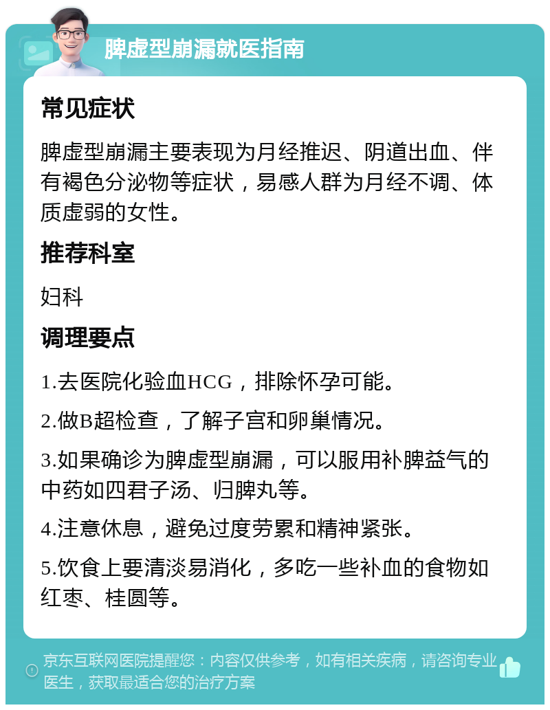 脾虚型崩漏就医指南 常见症状 脾虚型崩漏主要表现为月经推迟、阴道出血、伴有褐色分泌物等症状，易感人群为月经不调、体质虚弱的女性。 推荐科室 妇科 调理要点 1.去医院化验血HCG，排除怀孕可能。 2.做B超检查，了解子宫和卵巢情况。 3.如果确诊为脾虚型崩漏，可以服用补脾益气的中药如四君子汤、归脾丸等。 4.注意休息，避免过度劳累和精神紧张。 5.饮食上要清淡易消化，多吃一些补血的食物如红枣、桂圆等。