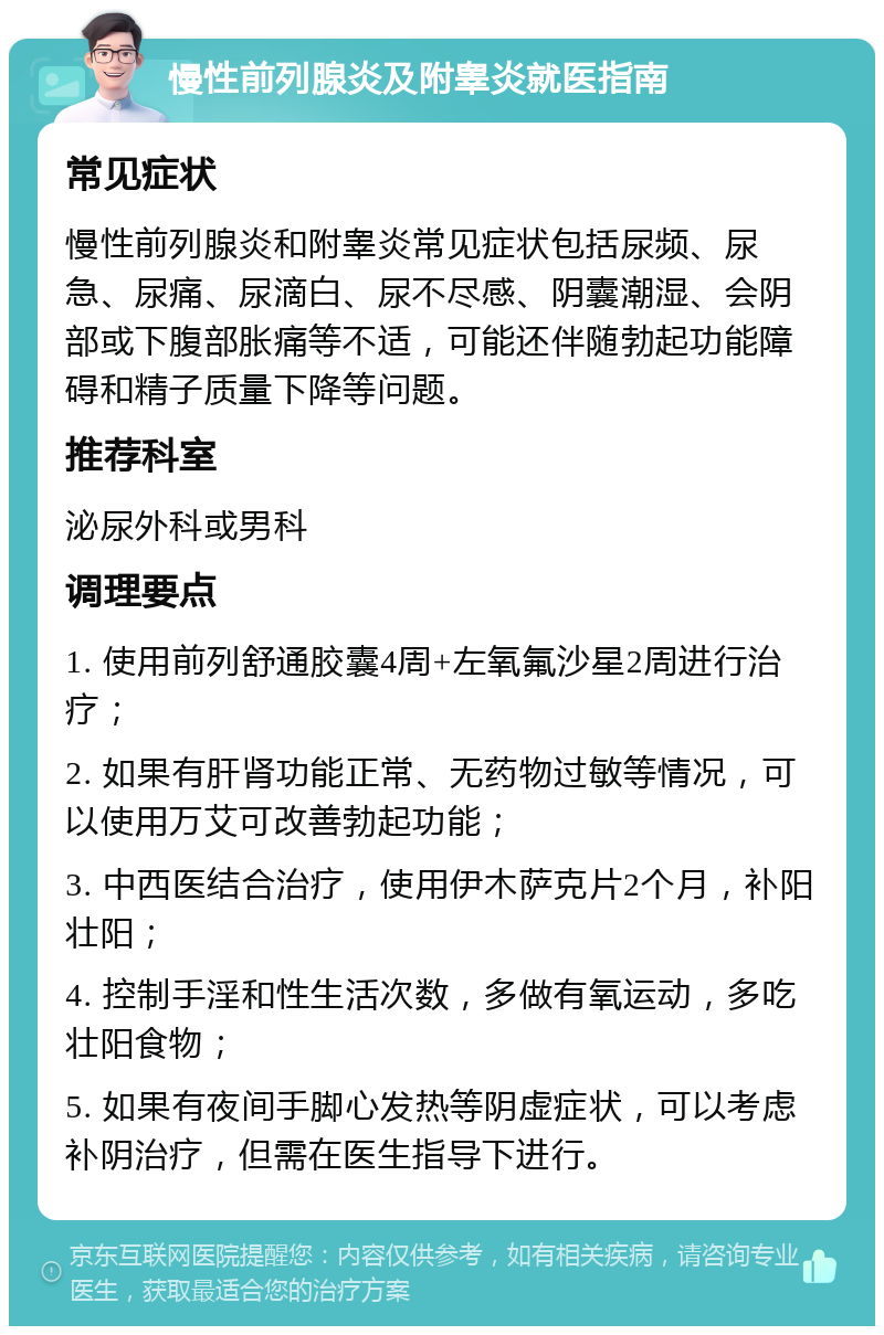 慢性前列腺炎及附睾炎就医指南 常见症状 慢性前列腺炎和附睾炎常见症状包括尿频、尿急、尿痛、尿滴白、尿不尽感、阴囊潮湿、会阴部或下腹部胀痛等不适，可能还伴随勃起功能障碍和精子质量下降等问题。 推荐科室 泌尿外科或男科 调理要点 1. 使用前列舒通胶囊4周+左氧氟沙星2周进行治疗； 2. 如果有肝肾功能正常、无药物过敏等情况，可以使用万艾可改善勃起功能； 3. 中西医结合治疗，使用伊木萨克片2个月，补阳壮阳； 4. 控制手淫和性生活次数，多做有氧运动，多吃壮阳食物； 5. 如果有夜间手脚心发热等阴虚症状，可以考虑补阴治疗，但需在医生指导下进行。