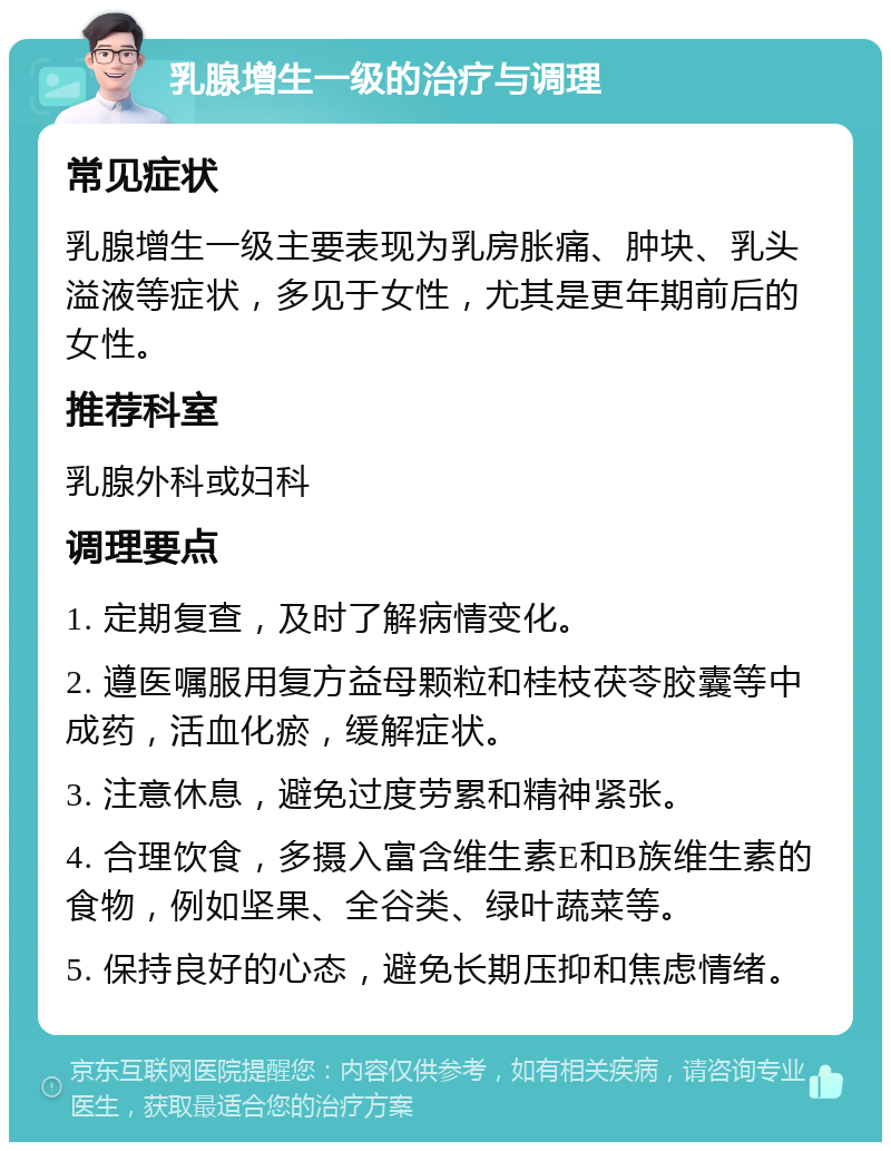 乳腺增生一级的治疗与调理 常见症状 乳腺增生一级主要表现为乳房胀痛、肿块、乳头溢液等症状，多见于女性，尤其是更年期前后的女性。 推荐科室 乳腺外科或妇科 调理要点 1. 定期复查，及时了解病情变化。 2. 遵医嘱服用复方益母颗粒和桂枝茯苓胶囊等中成药，活血化瘀，缓解症状。 3. 注意休息，避免过度劳累和精神紧张。 4. 合理饮食，多摄入富含维生素E和B族维生素的食物，例如坚果、全谷类、绿叶蔬菜等。 5. 保持良好的心态，避免长期压抑和焦虑情绪。