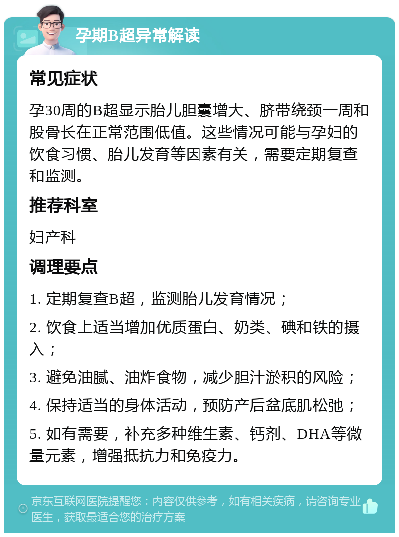 孕期B超异常解读 常见症状 孕30周的B超显示胎儿胆囊增大、脐带绕颈一周和股骨长在正常范围低值。这些情况可能与孕妇的饮食习惯、胎儿发育等因素有关，需要定期复查和监测。 推荐科室 妇产科 调理要点 1. 定期复查B超，监测胎儿发育情况； 2. 饮食上适当增加优质蛋白、奶类、碘和铁的摄入； 3. 避免油腻、油炸食物，减少胆汁淤积的风险； 4. 保持适当的身体活动，预防产后盆底肌松弛； 5. 如有需要，补充多种维生素、钙剂、DHA等微量元素，增强抵抗力和免疫力。