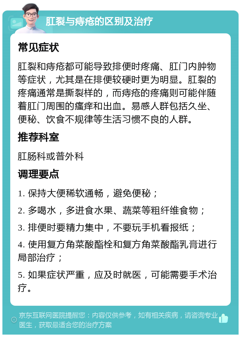 肛裂与痔疮的区别及治疗 常见症状 肛裂和痔疮都可能导致排便时疼痛、肛门内肿物等症状，尤其是在排便较硬时更为明显。肛裂的疼痛通常是撕裂样的，而痔疮的疼痛则可能伴随着肛门周围的瘙痒和出血。易感人群包括久坐、便秘、饮食不规律等生活习惯不良的人群。 推荐科室 肛肠科或普外科 调理要点 1. 保持大便稀软通畅，避免便秘； 2. 多喝水，多进食水果、蔬菜等粗纤维食物； 3. 排便时要精力集中，不要玩手机看报纸； 4. 使用复方角菜酸酯栓和复方角菜酸酯乳膏进行局部治疗； 5. 如果症状严重，应及时就医，可能需要手术治疗。