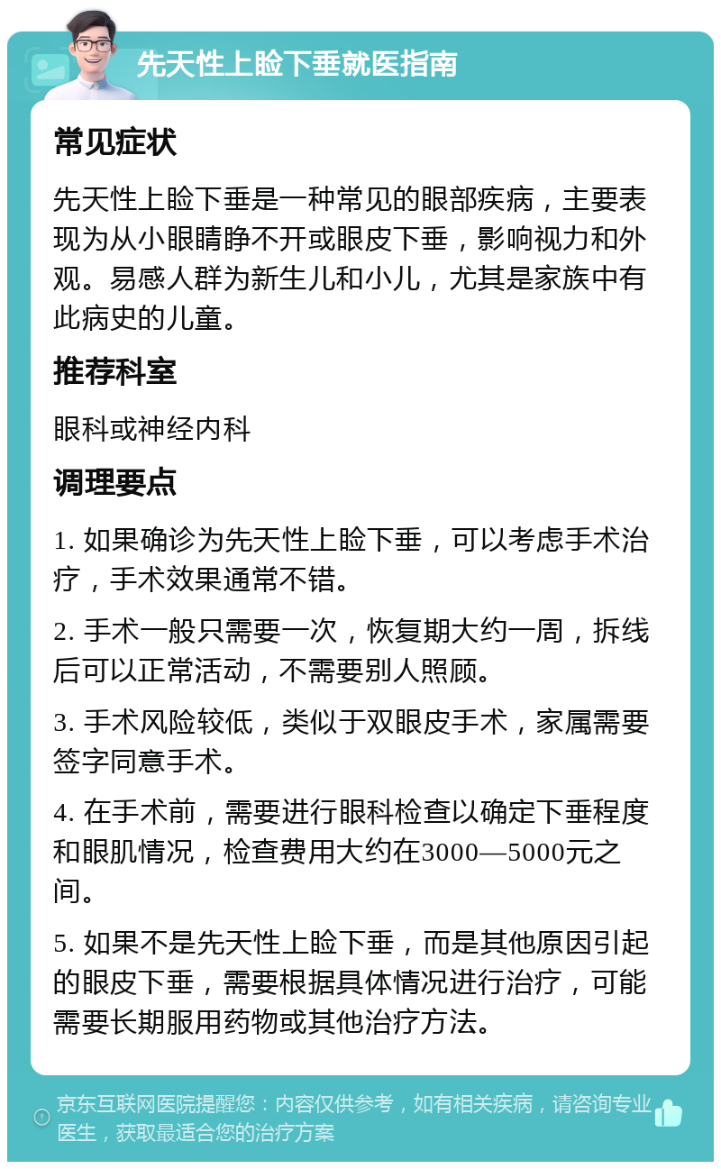 先天性上睑下垂就医指南 常见症状 先天性上睑下垂是一种常见的眼部疾病，主要表现为从小眼睛睁不开或眼皮下垂，影响视力和外观。易感人群为新生儿和小儿，尤其是家族中有此病史的儿童。 推荐科室 眼科或神经内科 调理要点 1. 如果确诊为先天性上睑下垂，可以考虑手术治疗，手术效果通常不错。 2. 手术一般只需要一次，恢复期大约一周，拆线后可以正常活动，不需要别人照顾。 3. 手术风险较低，类似于双眼皮手术，家属需要签字同意手术。 4. 在手术前，需要进行眼科检查以确定下垂程度和眼肌情况，检查费用大约在3000—5000元之间。 5. 如果不是先天性上睑下垂，而是其他原因引起的眼皮下垂，需要根据具体情况进行治疗，可能需要长期服用药物或其他治疗方法。