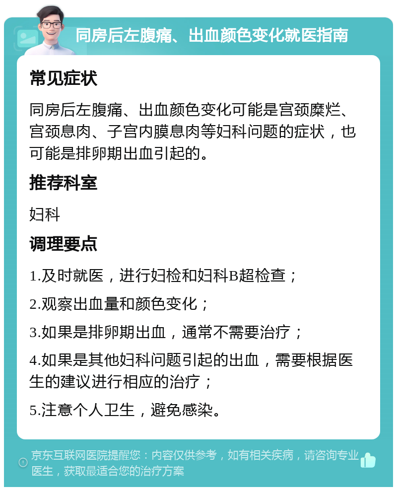 同房后左腹痛、出血颜色变化就医指南 常见症状 同房后左腹痛、出血颜色变化可能是宫颈糜烂、宫颈息肉、子宫内膜息肉等妇科问题的症状，也可能是排卵期出血引起的。 推荐科室 妇科 调理要点 1.及时就医，进行妇检和妇科B超检查； 2.观察出血量和颜色变化； 3.如果是排卵期出血，通常不需要治疗； 4.如果是其他妇科问题引起的出血，需要根据医生的建议进行相应的治疗； 5.注意个人卫生，避免感染。