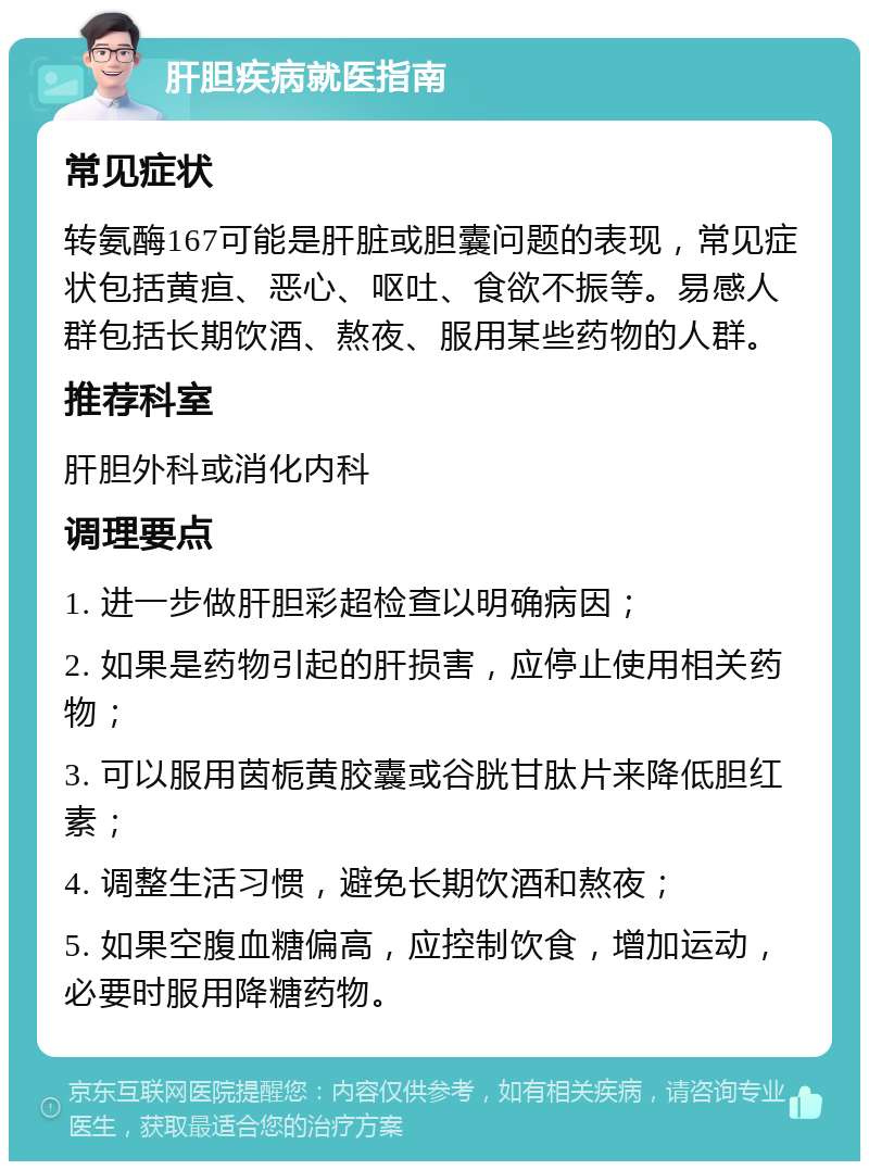 肝胆疾病就医指南 常见症状 转氨酶167可能是肝脏或胆囊问题的表现，常见症状包括黄疸、恶心、呕吐、食欲不振等。易感人群包括长期饮酒、熬夜、服用某些药物的人群。 推荐科室 肝胆外科或消化内科 调理要点 1. 进一步做肝胆彩超检查以明确病因； 2. 如果是药物引起的肝损害，应停止使用相关药物； 3. 可以服用茵栀黄胶囊或谷胱甘肽片来降低胆红素； 4. 调整生活习惯，避免长期饮酒和熬夜； 5. 如果空腹血糖偏高，应控制饮食，增加运动，必要时服用降糖药物。