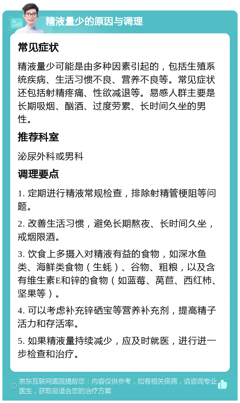 精液量少的原因与调理 常见症状 精液量少可能是由多种因素引起的，包括生殖系统疾病、生活习惯不良、营养不良等。常见症状还包括射精疼痛、性欲减退等。易感人群主要是长期吸烟、酗酒、过度劳累、长时间久坐的男性。 推荐科室 泌尿外科或男科 调理要点 1. 定期进行精液常规检查，排除射精管梗阻等问题。 2. 改善生活习惯，避免长期熬夜、长时间久坐，戒烟限酒。 3. 饮食上多摄入对精液有益的食物，如深水鱼类、海鲜类食物（生蚝）、谷物、粗粮，以及含有维生素E和锌的食物（如蓝莓、莴苣、西红柿、坚果等）。 4. 可以考虑补充锌硒宝等营养补充剂，提高精子活力和存活率。 5. 如果精液量持续减少，应及时就医，进行进一步检查和治疗。