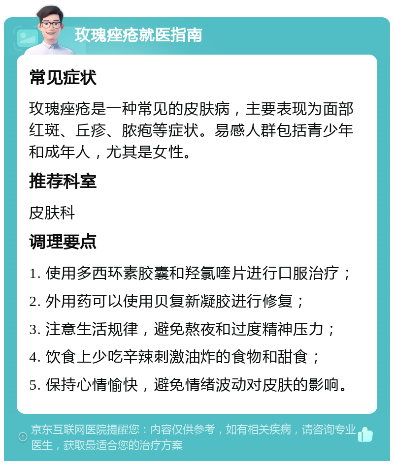 玫瑰痤疮就医指南 常见症状 玫瑰痤疮是一种常见的皮肤病，主要表现为面部红斑、丘疹、脓疱等症状。易感人群包括青少年和成年人，尤其是女性。 推荐科室 皮肤科 调理要点 1. 使用多西环素胶囊和羟氯喹片进行口服治疗； 2. 外用药可以使用贝复新凝胶进行修复； 3. 注意生活规律，避免熬夜和过度精神压力； 4. 饮食上少吃辛辣刺激油炸的食物和甜食； 5. 保持心情愉快，避免情绪波动对皮肤的影响。