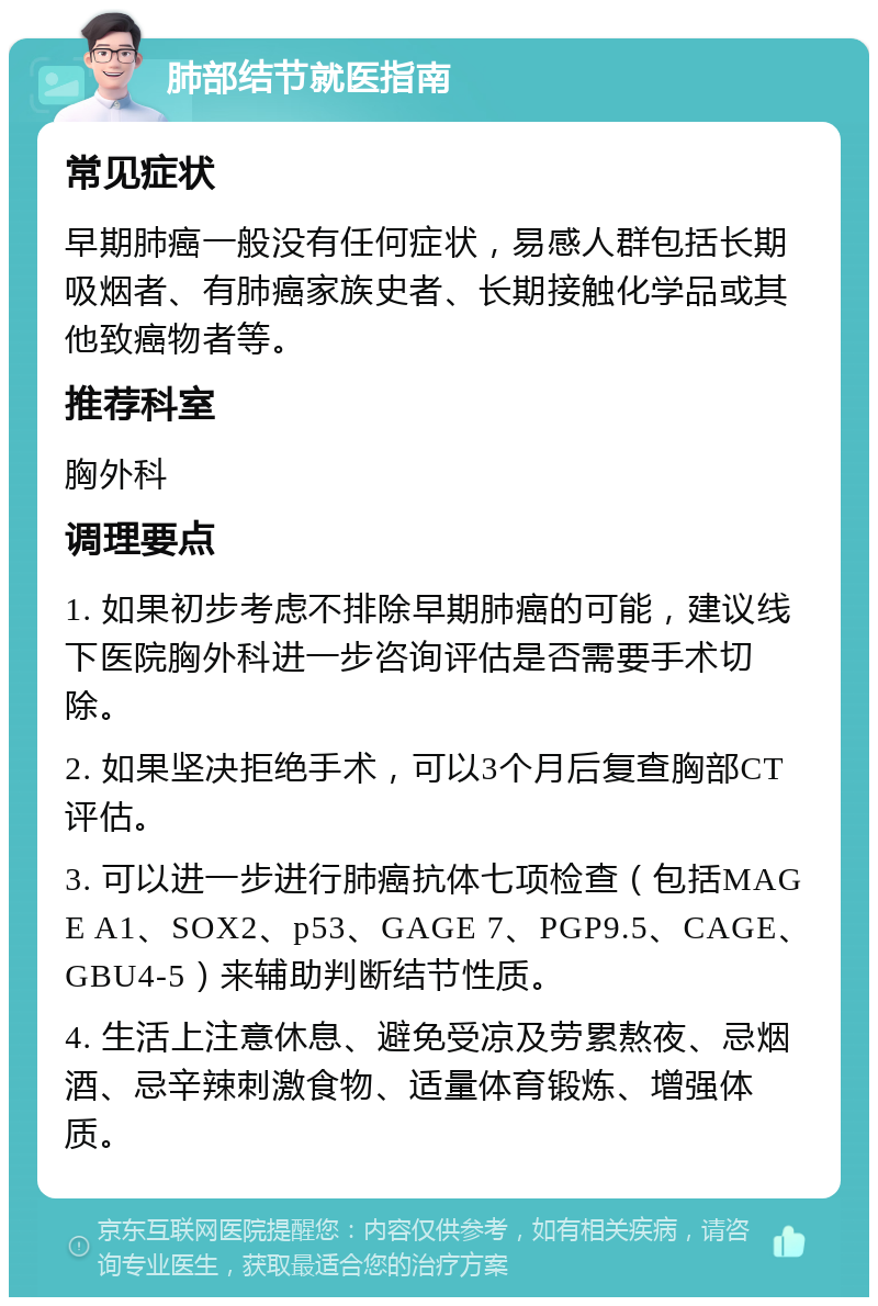 肺部结节就医指南 常见症状 早期肺癌一般没有任何症状，易感人群包括长期吸烟者、有肺癌家族史者、长期接触化学品或其他致癌物者等。 推荐科室 胸外科 调理要点 1. 如果初步考虑不排除早期肺癌的可能，建议线下医院胸外科进一步咨询评估是否需要手术切除。 2. 如果坚决拒绝手术，可以3个月后复查胸部CT评估。 3. 可以进一步进行肺癌抗体七项检查（包括MAGE A1、SOX2、p53、GAGE 7、PGP9.5、CAGE、GBU4-5）来辅助判断结节性质。 4. 生活上注意休息、避免受凉及劳累熬夜、忌烟酒、忌辛辣刺激食物、适量体育锻炼、增强体质。