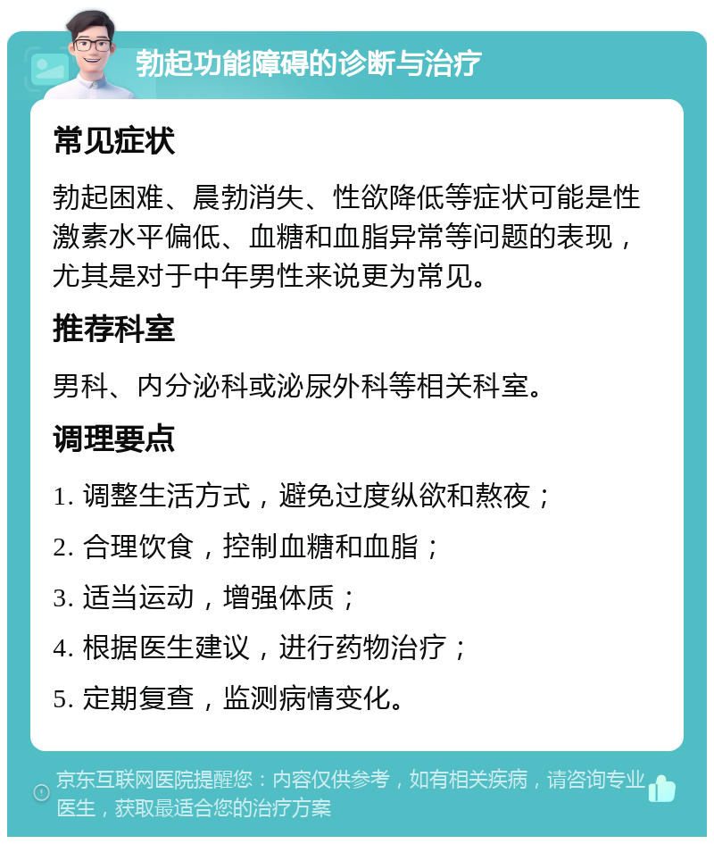 勃起功能障碍的诊断与治疗 常见症状 勃起困难、晨勃消失、性欲降低等症状可能是性激素水平偏低、血糖和血脂异常等问题的表现，尤其是对于中年男性来说更为常见。 推荐科室 男科、内分泌科或泌尿外科等相关科室。 调理要点 1. 调整生活方式，避免过度纵欲和熬夜； 2. 合理饮食，控制血糖和血脂； 3. 适当运动，增强体质； 4. 根据医生建议，进行药物治疗； 5. 定期复查，监测病情变化。