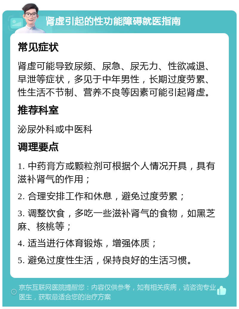 肾虚引起的性功能障碍就医指南 常见症状 肾虚可能导致尿频、尿急、尿无力、性欲减退、早泄等症状，多见于中年男性，长期过度劳累、性生活不节制、营养不良等因素可能引起肾虚。 推荐科室 泌尿外科或中医科 调理要点 1. 中药膏方或颗粒剂可根据个人情况开具，具有滋补肾气的作用； 2. 合理安排工作和休息，避免过度劳累； 3. 调整饮食，多吃一些滋补肾气的食物，如黑芝麻、核桃等； 4. 适当进行体育锻炼，增强体质； 5. 避免过度性生活，保持良好的生活习惯。