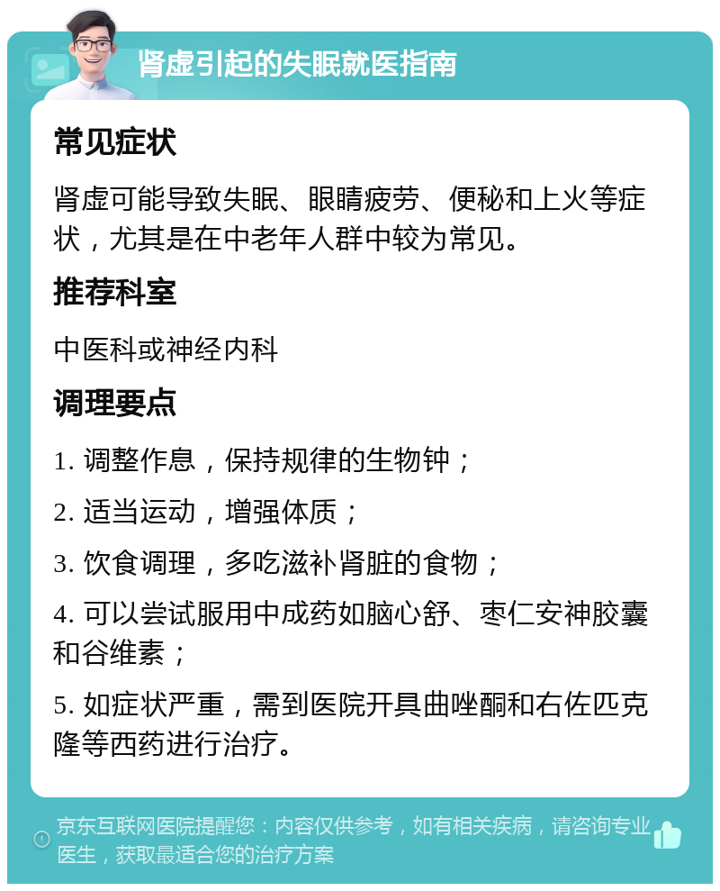 肾虚引起的失眠就医指南 常见症状 肾虚可能导致失眠、眼睛疲劳、便秘和上火等症状，尤其是在中老年人群中较为常见。 推荐科室 中医科或神经内科 调理要点 1. 调整作息，保持规律的生物钟； 2. 适当运动，增强体质； 3. 饮食调理，多吃滋补肾脏的食物； 4. 可以尝试服用中成药如脑心舒、枣仁安神胶囊和谷维素； 5. 如症状严重，需到医院开具曲唑酮和右佐匹克隆等西药进行治疗。