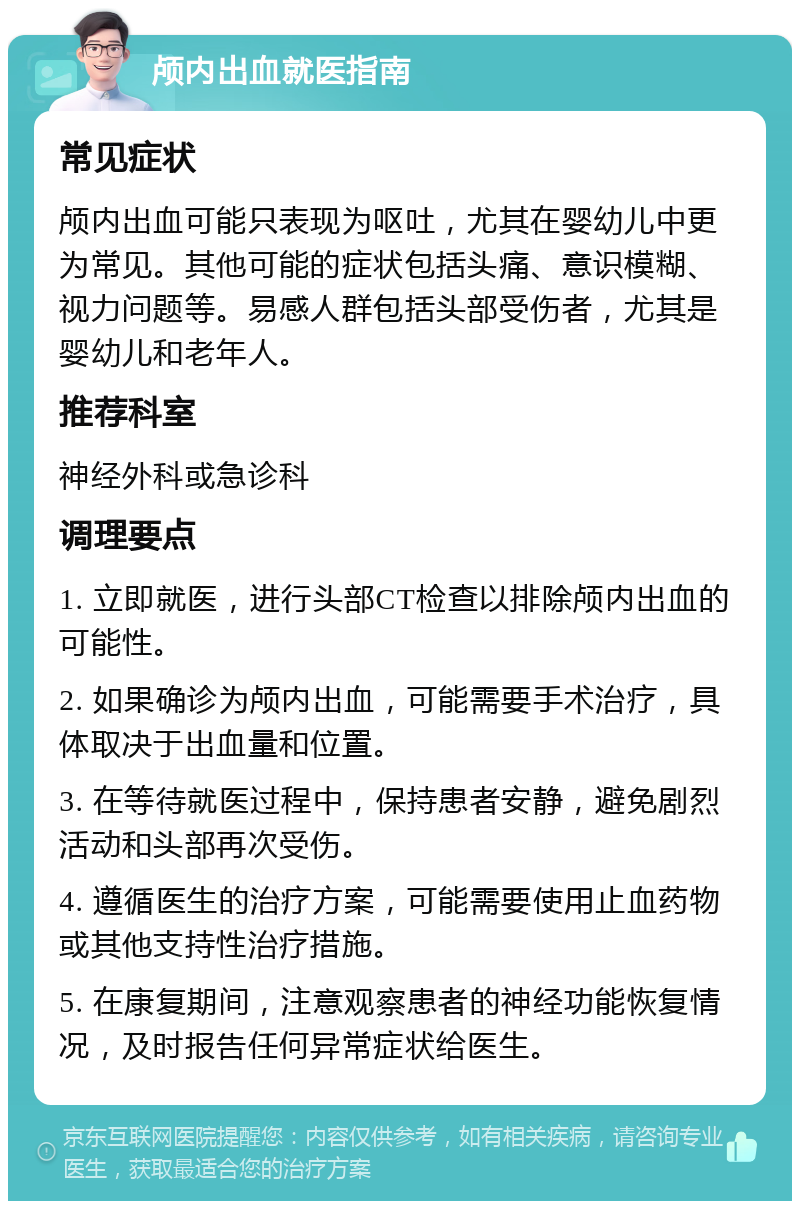 颅内出血就医指南 常见症状 颅内出血可能只表现为呕吐，尤其在婴幼儿中更为常见。其他可能的症状包括头痛、意识模糊、视力问题等。易感人群包括头部受伤者，尤其是婴幼儿和老年人。 推荐科室 神经外科或急诊科 调理要点 1. 立即就医，进行头部CT检查以排除颅内出血的可能性。 2. 如果确诊为颅内出血，可能需要手术治疗，具体取决于出血量和位置。 3. 在等待就医过程中，保持患者安静，避免剧烈活动和头部再次受伤。 4. 遵循医生的治疗方案，可能需要使用止血药物或其他支持性治疗措施。 5. 在康复期间，注意观察患者的神经功能恢复情况，及时报告任何异常症状给医生。