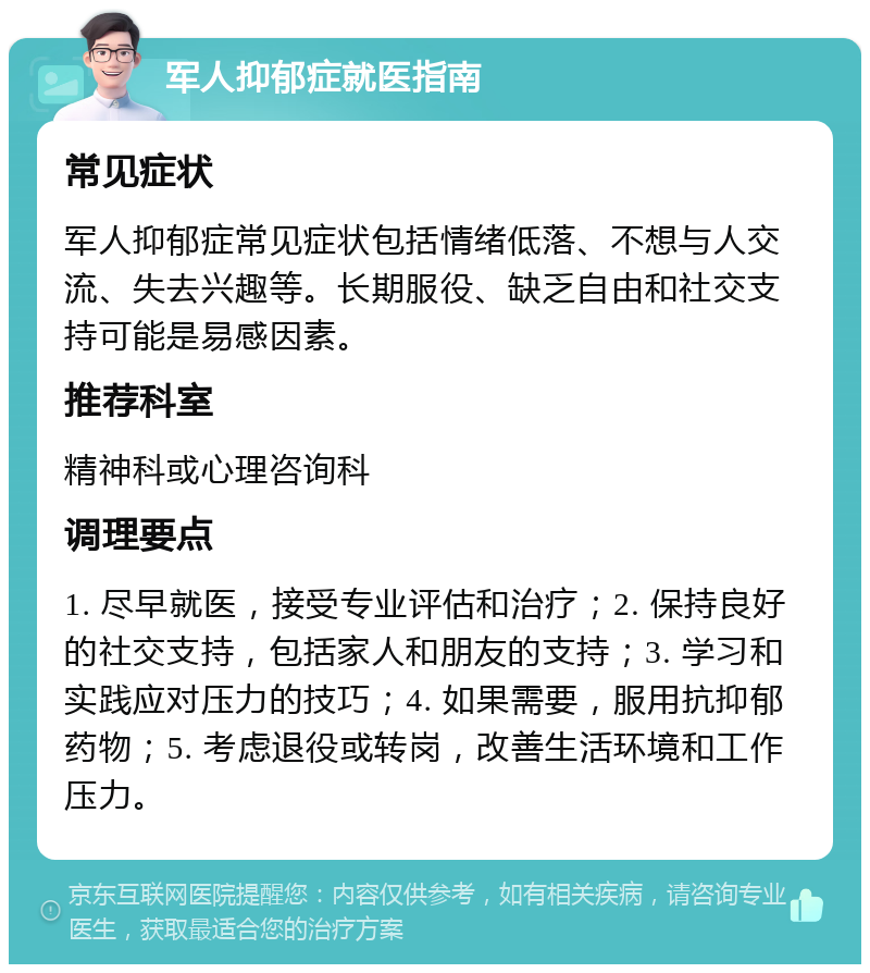 军人抑郁症就医指南 常见症状 军人抑郁症常见症状包括情绪低落、不想与人交流、失去兴趣等。长期服役、缺乏自由和社交支持可能是易感因素。 推荐科室 精神科或心理咨询科 调理要点 1. 尽早就医，接受专业评估和治疗；2. 保持良好的社交支持，包括家人和朋友的支持；3. 学习和实践应对压力的技巧；4. 如果需要，服用抗抑郁药物；5. 考虑退役或转岗，改善生活环境和工作压力。