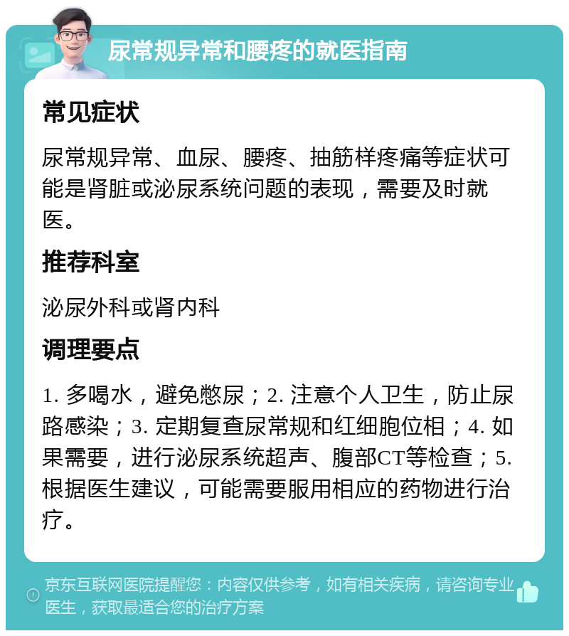 尿常规异常和腰疼的就医指南 常见症状 尿常规异常、血尿、腰疼、抽筋样疼痛等症状可能是肾脏或泌尿系统问题的表现，需要及时就医。 推荐科室 泌尿外科或肾内科 调理要点 1. 多喝水，避免憋尿；2. 注意个人卫生，防止尿路感染；3. 定期复查尿常规和红细胞位相；4. 如果需要，进行泌尿系统超声、腹部CT等检查；5. 根据医生建议，可能需要服用相应的药物进行治疗。