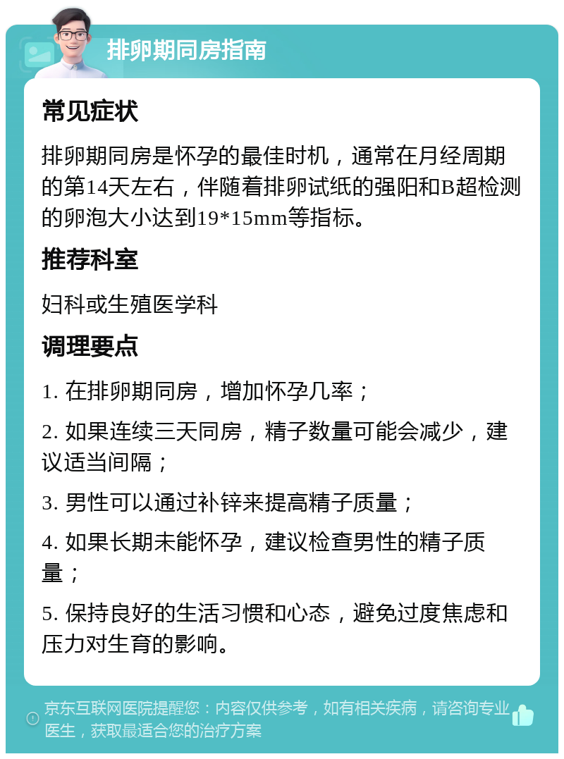 排卵期同房指南 常见症状 排卵期同房是怀孕的最佳时机，通常在月经周期的第14天左右，伴随着排卵试纸的强阳和B超检测的卵泡大小达到19*15mm等指标。 推荐科室 妇科或生殖医学科 调理要点 1. 在排卵期同房，增加怀孕几率； 2. 如果连续三天同房，精子数量可能会减少，建议适当间隔； 3. 男性可以通过补锌来提高精子质量； 4. 如果长期未能怀孕，建议检查男性的精子质量； 5. 保持良好的生活习惯和心态，避免过度焦虑和压力对生育的影响。