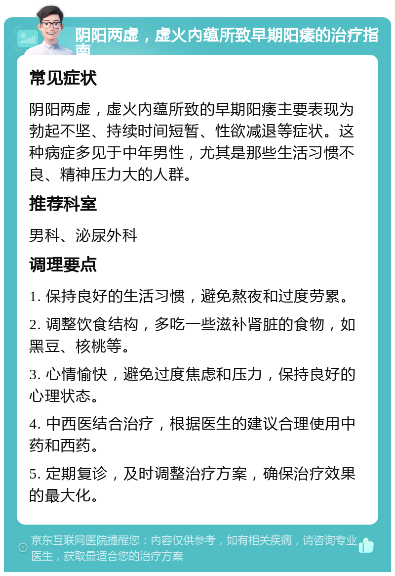 阴阳两虚，虚火內蕴所致早期阳痿的治疗指南 常见症状 阴阳两虚，虚火內蕴所致的早期阳痿主要表现为勃起不坚、持续时间短暂、性欲减退等症状。这种病症多见于中年男性，尤其是那些生活习惯不良、精神压力大的人群。 推荐科室 男科、泌尿外科 调理要点 1. 保持良好的生活习惯，避免熬夜和过度劳累。 2. 调整饮食结构，多吃一些滋补肾脏的食物，如黑豆、核桃等。 3. 心情愉快，避免过度焦虑和压力，保持良好的心理状态。 4. 中西医结合治疗，根据医生的建议合理使用中药和西药。 5. 定期复诊，及时调整治疗方案，确保治疗效果的最大化。