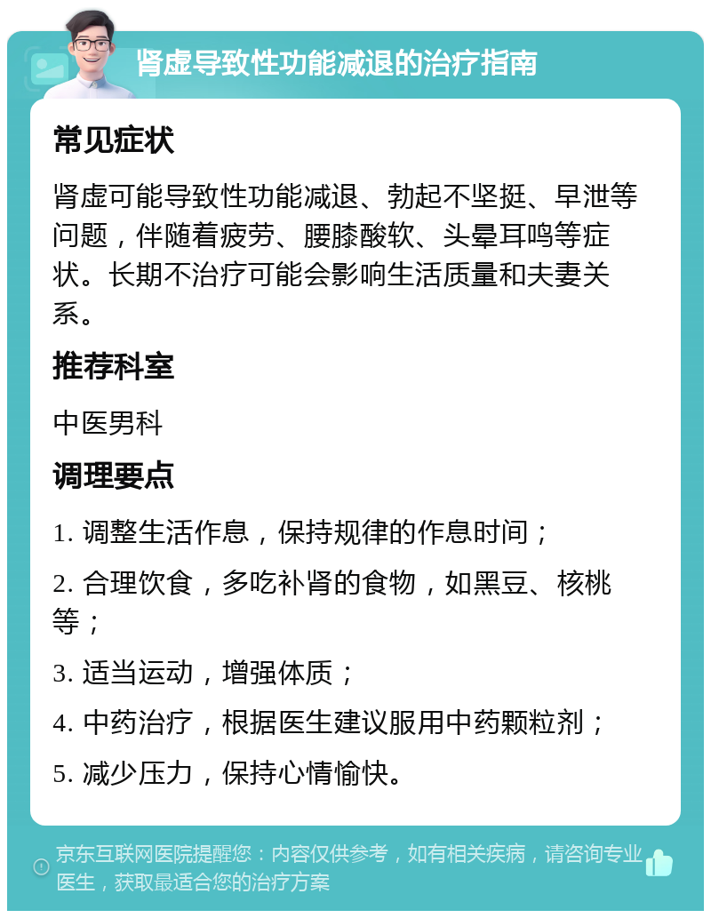 肾虚导致性功能减退的治疗指南 常见症状 肾虚可能导致性功能减退、勃起不坚挺、早泄等问题，伴随着疲劳、腰膝酸软、头晕耳鸣等症状。长期不治疗可能会影响生活质量和夫妻关系。 推荐科室 中医男科 调理要点 1. 调整生活作息，保持规律的作息时间； 2. 合理饮食，多吃补肾的食物，如黑豆、核桃等； 3. 适当运动，增强体质； 4. 中药治疗，根据医生建议服用中药颗粒剂； 5. 减少压力，保持心情愉快。