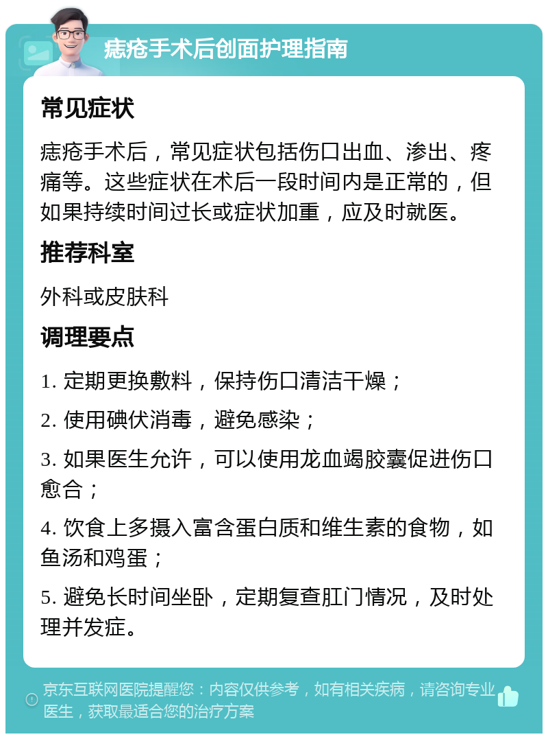 痣疮手术后创面护理指南 常见症状 痣疮手术后，常见症状包括伤口出血、渗出、疼痛等。这些症状在术后一段时间内是正常的，但如果持续时间过长或症状加重，应及时就医。 推荐科室 外科或皮肤科 调理要点 1. 定期更换敷料，保持伤口清洁干燥； 2. 使用碘伏消毒，避免感染； 3. 如果医生允许，可以使用龙血竭胶囊促进伤口愈合； 4. 饮食上多摄入富含蛋白质和维生素的食物，如鱼汤和鸡蛋； 5. 避免长时间坐卧，定期复查肛门情况，及时处理并发症。