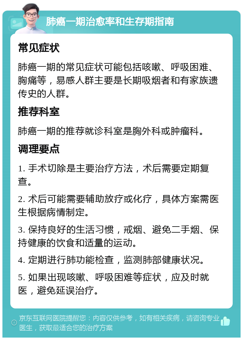 肺癌一期治愈率和生存期指南 常见症状 肺癌一期的常见症状可能包括咳嗽、呼吸困难、胸痛等，易感人群主要是长期吸烟者和有家族遗传史的人群。 推荐科室 肺癌一期的推荐就诊科室是胸外科或肿瘤科。 调理要点 1. 手术切除是主要治疗方法，术后需要定期复查。 2. 术后可能需要辅助放疗或化疗，具体方案需医生根据病情制定。 3. 保持良好的生活习惯，戒烟、避免二手烟、保持健康的饮食和适量的运动。 4. 定期进行肺功能检查，监测肺部健康状况。 5. 如果出现咳嗽、呼吸困难等症状，应及时就医，避免延误治疗。