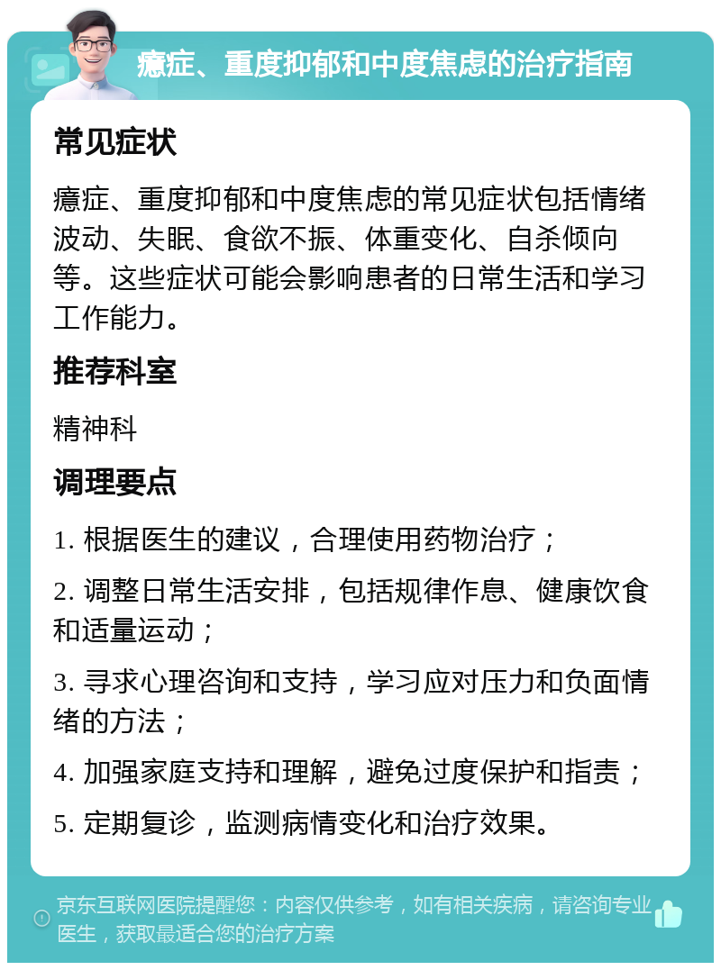 癔症、重度抑郁和中度焦虑的治疗指南 常见症状 癔症、重度抑郁和中度焦虑的常见症状包括情绪波动、失眠、食欲不振、体重变化、自杀倾向等。这些症状可能会影响患者的日常生活和学习工作能力。 推荐科室 精神科 调理要点 1. 根据医生的建议，合理使用药物治疗； 2. 调整日常生活安排，包括规律作息、健康饮食和适量运动； 3. 寻求心理咨询和支持，学习应对压力和负面情绪的方法； 4. 加强家庭支持和理解，避免过度保护和指责； 5. 定期复诊，监测病情变化和治疗效果。