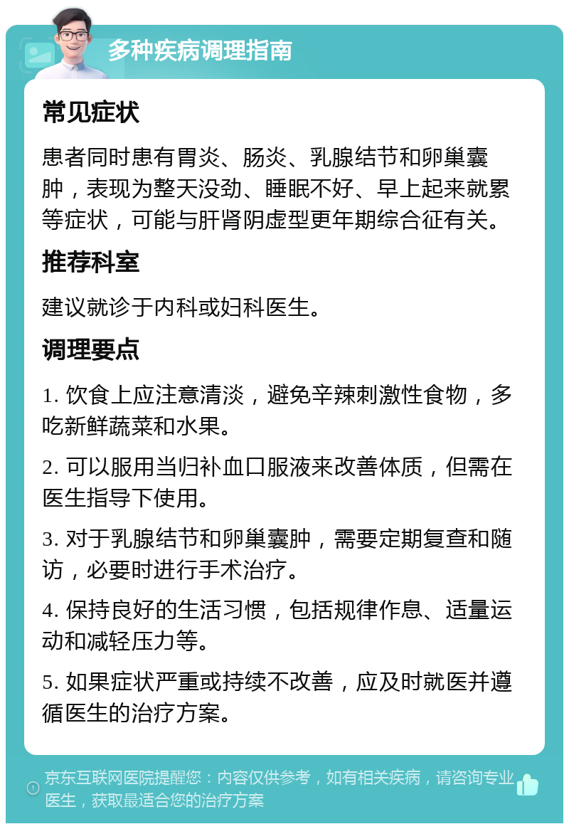 多种疾病调理指南 常见症状 患者同时患有胃炎、肠炎、乳腺结节和卵巢囊肿，表现为整天没劲、睡眠不好、早上起来就累等症状，可能与肝肾阴虚型更年期综合征有关。 推荐科室 建议就诊于内科或妇科医生。 调理要点 1. 饮食上应注意清淡，避免辛辣刺激性食物，多吃新鲜蔬菜和水果。 2. 可以服用当归补血口服液来改善体质，但需在医生指导下使用。 3. 对于乳腺结节和卵巢囊肿，需要定期复查和随访，必要时进行手术治疗。 4. 保持良好的生活习惯，包括规律作息、适量运动和减轻压力等。 5. 如果症状严重或持续不改善，应及时就医并遵循医生的治疗方案。