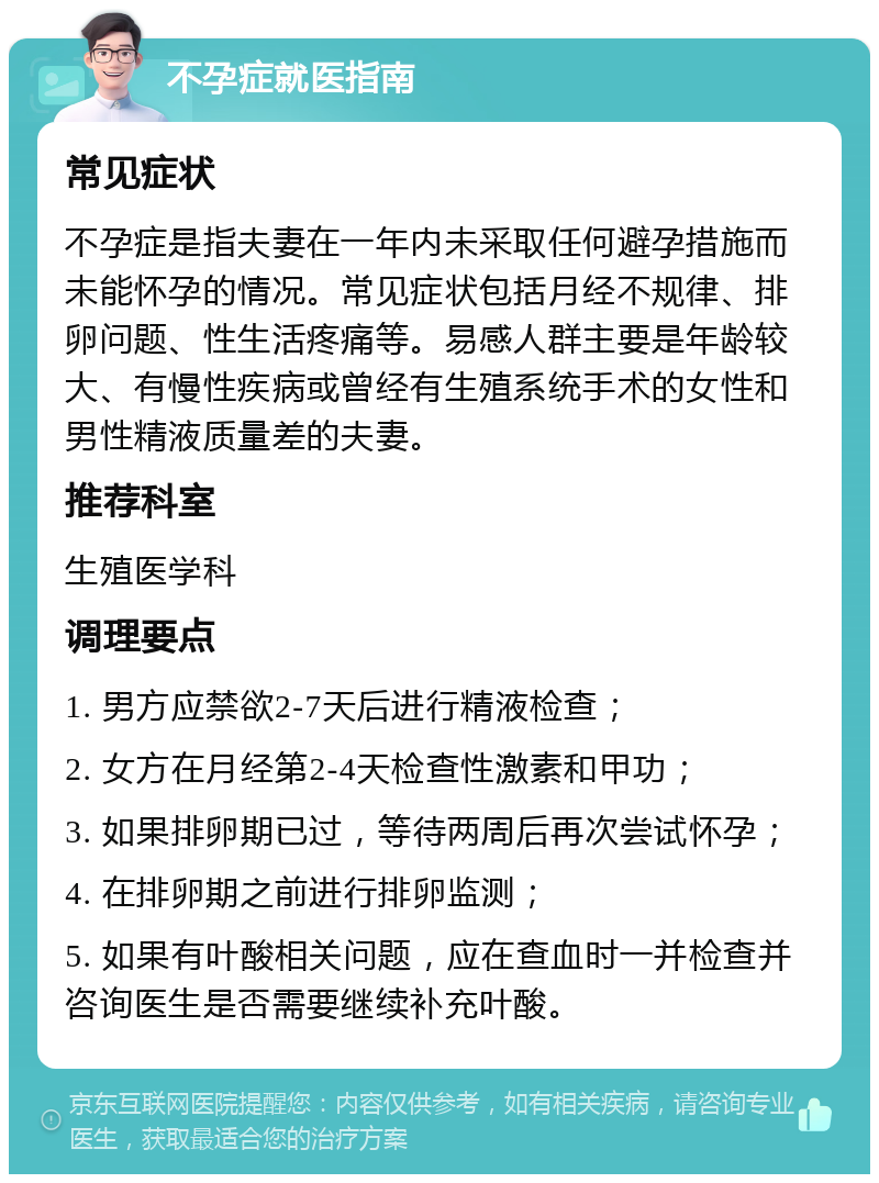 不孕症就医指南 常见症状 不孕症是指夫妻在一年内未采取任何避孕措施而未能怀孕的情况。常见症状包括月经不规律、排卵问题、性生活疼痛等。易感人群主要是年龄较大、有慢性疾病或曾经有生殖系统手术的女性和男性精液质量差的夫妻。 推荐科室 生殖医学科 调理要点 1. 男方应禁欲2-7天后进行精液检查； 2. 女方在月经第2-4天检查性激素和甲功； 3. 如果排卵期已过，等待两周后再次尝试怀孕； 4. 在排卵期之前进行排卵监测； 5. 如果有叶酸相关问题，应在查血时一并检查并咨询医生是否需要继续补充叶酸。