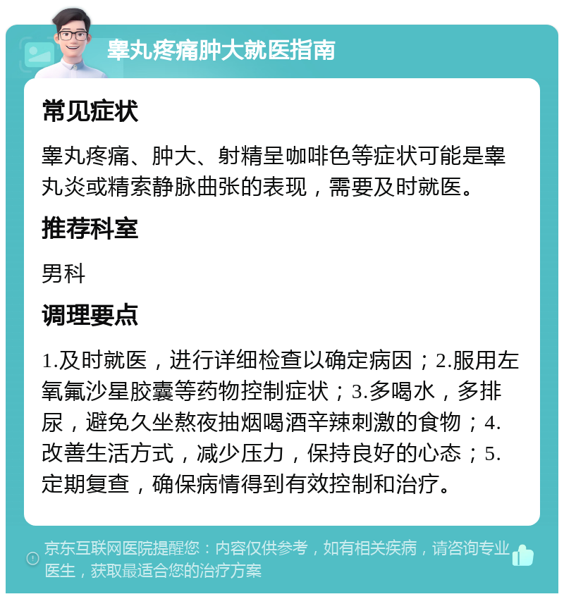 睾丸疼痛肿大就医指南 常见症状 睾丸疼痛、肿大、射精呈咖啡色等症状可能是睾丸炎或精索静脉曲张的表现，需要及时就医。 推荐科室 男科 调理要点 1.及时就医，进行详细检查以确定病因；2.服用左氧氟沙星胶囊等药物控制症状；3.多喝水，多排尿，避免久坐熬夜抽烟喝酒辛辣刺激的食物；4.改善生活方式，减少压力，保持良好的心态；5.定期复查，确保病情得到有效控制和治疗。