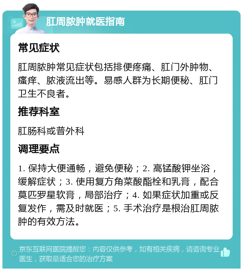 肛周脓肿就医指南 常见症状 肛周脓肿常见症状包括排便疼痛、肛门外肿物、瘙痒、脓液流出等。易感人群为长期便秘、肛门卫生不良者。 推荐科室 肛肠科或普外科 调理要点 1. 保持大便通畅，避免便秘；2. 高锰酸钾坐浴，缓解症状；3. 使用复方角菜酸酯栓和乳膏，配合莫匹罗星软膏，局部治疗；4. 如果症状加重或反复发作，需及时就医；5. 手术治疗是根治肛周脓肿的有效方法。