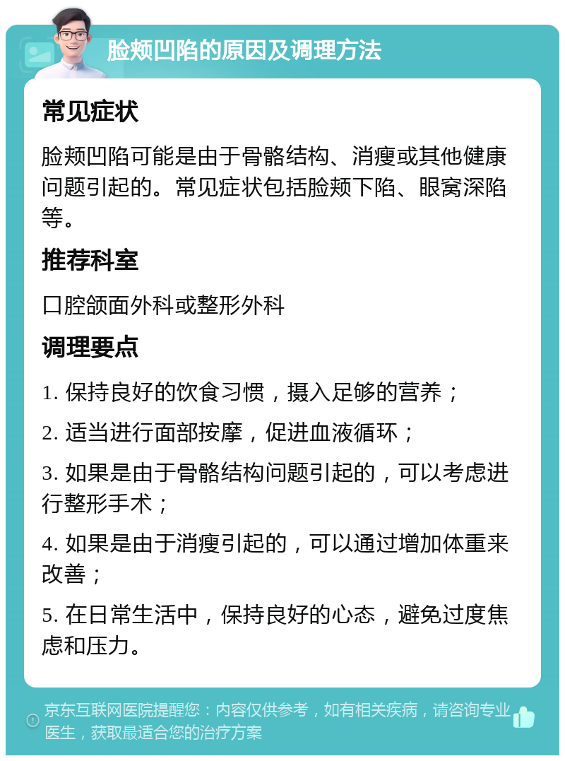 脸颊凹陷的原因及调理方法 常见症状 脸颊凹陷可能是由于骨骼结构、消瘦或其他健康问题引起的。常见症状包括脸颊下陷、眼窝深陷等。 推荐科室 口腔颌面外科或整形外科 调理要点 1. 保持良好的饮食习惯，摄入足够的营养； 2. 适当进行面部按摩，促进血液循环； 3. 如果是由于骨骼结构问题引起的，可以考虑进行整形手术； 4. 如果是由于消瘦引起的，可以通过增加体重来改善； 5. 在日常生活中，保持良好的心态，避免过度焦虑和压力。