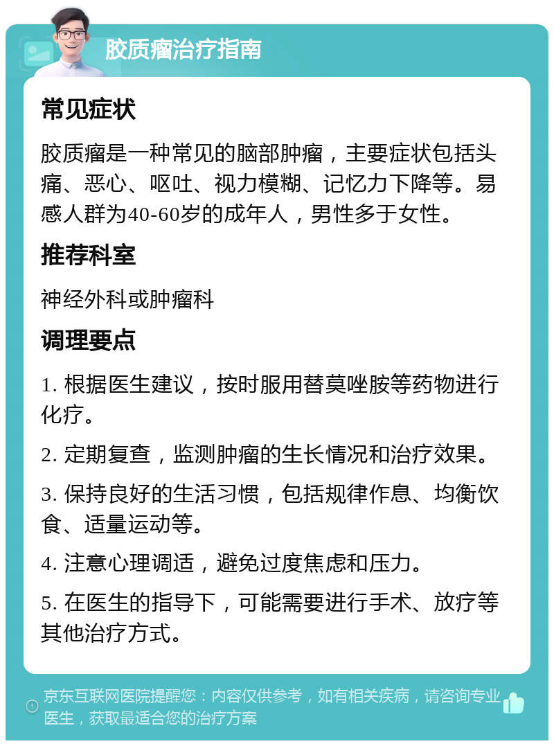 胶质瘤治疗指南 常见症状 胶质瘤是一种常见的脑部肿瘤，主要症状包括头痛、恶心、呕吐、视力模糊、记忆力下降等。易感人群为40-60岁的成年人，男性多于女性。 推荐科室 神经外科或肿瘤科 调理要点 1. 根据医生建议，按时服用替莫唑胺等药物进行化疗。 2. 定期复查，监测肿瘤的生长情况和治疗效果。 3. 保持良好的生活习惯，包括规律作息、均衡饮食、适量运动等。 4. 注意心理调适，避免过度焦虑和压力。 5. 在医生的指导下，可能需要进行手术、放疗等其他治疗方式。