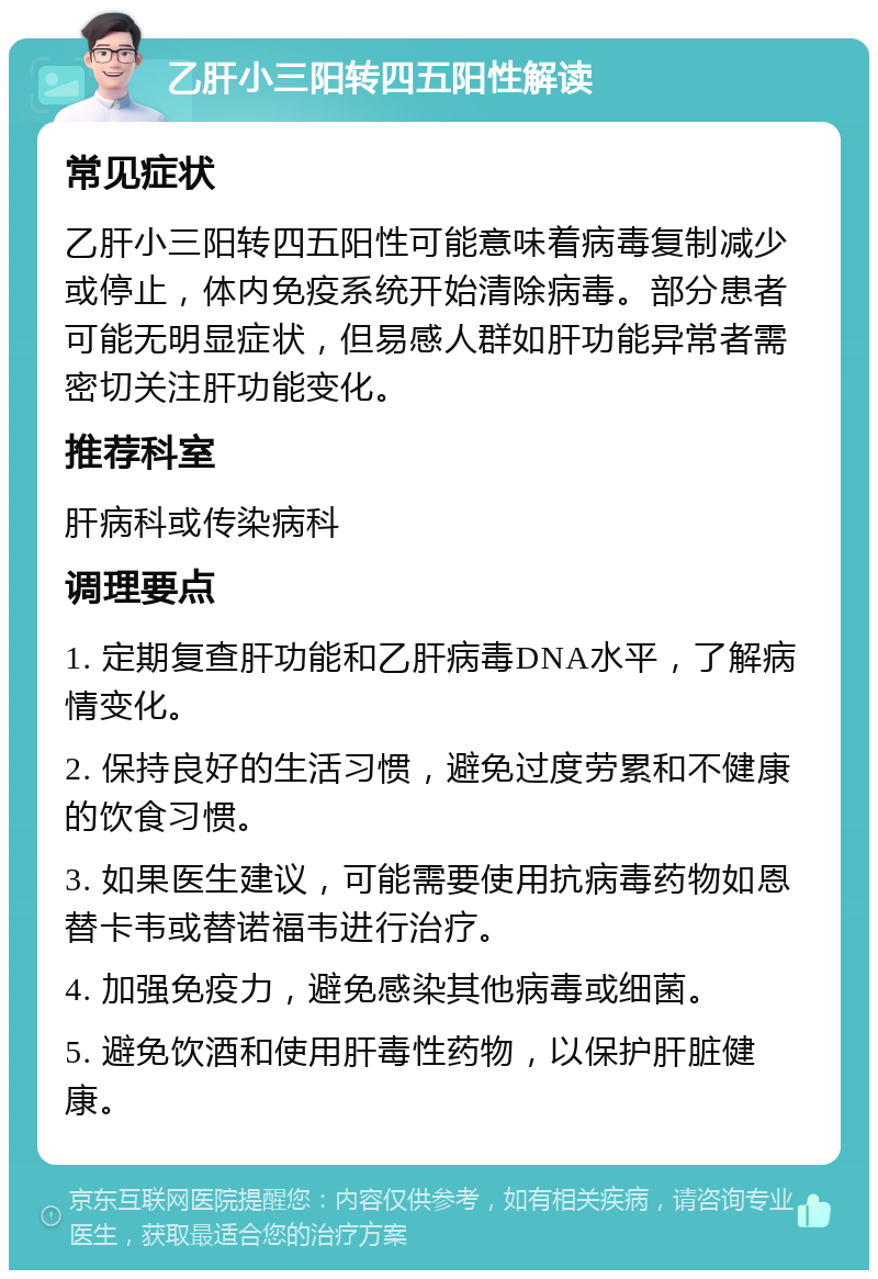 乙肝小三阳转四五阳性解读 常见症状 乙肝小三阳转四五阳性可能意味着病毒复制减少或停止，体内免疫系统开始清除病毒。部分患者可能无明显症状，但易感人群如肝功能异常者需密切关注肝功能变化。 推荐科室 肝病科或传染病科 调理要点 1. 定期复查肝功能和乙肝病毒DNA水平，了解病情变化。 2. 保持良好的生活习惯，避免过度劳累和不健康的饮食习惯。 3. 如果医生建议，可能需要使用抗病毒药物如恩替卡韦或替诺福韦进行治疗。 4. 加强免疫力，避免感染其他病毒或细菌。 5. 避免饮酒和使用肝毒性药物，以保护肝脏健康。