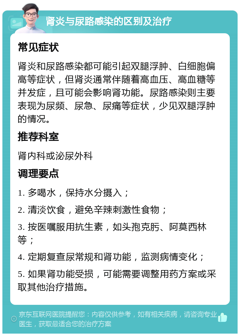 肾炎与尿路感染的区别及治疗 常见症状 肾炎和尿路感染都可能引起双腿浮肿、白细胞偏高等症状，但肾炎通常伴随着高血压、高血糖等并发症，且可能会影响肾功能。尿路感染则主要表现为尿频、尿急、尿痛等症状，少见双腿浮肿的情况。 推荐科室 肾内科或泌尿外科 调理要点 1. 多喝水，保持水分摄入； 2. 清淡饮食，避免辛辣刺激性食物； 3. 按医嘱服用抗生素，如头孢克肟、阿莫西林等； 4. 定期复查尿常规和肾功能，监测病情变化； 5. 如果肾功能受损，可能需要调整用药方案或采取其他治疗措施。