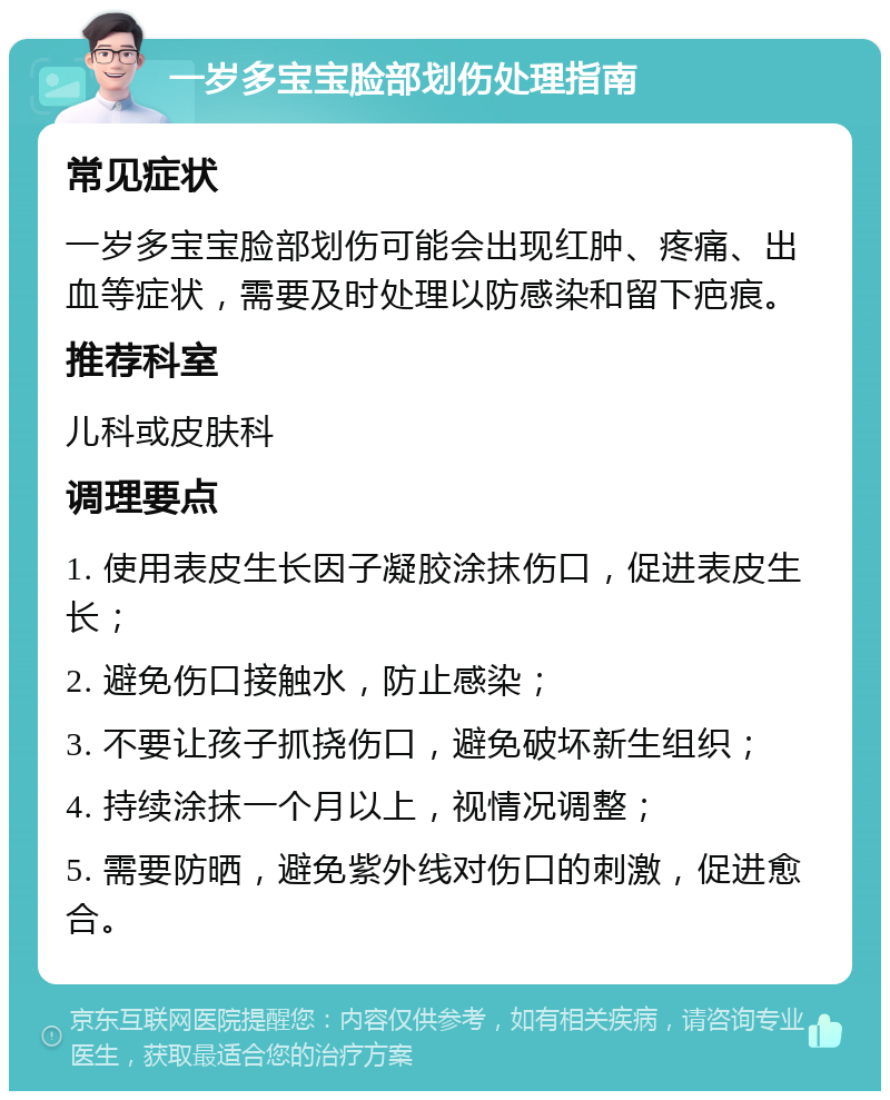 一岁多宝宝脸部划伤处理指南 常见症状 一岁多宝宝脸部划伤可能会出现红肿、疼痛、出血等症状，需要及时处理以防感染和留下疤痕。 推荐科室 儿科或皮肤科 调理要点 1. 使用表皮生长因子凝胶涂抹伤口，促进表皮生长； 2. 避免伤口接触水，防止感染； 3. 不要让孩子抓挠伤口，避免破坏新生组织； 4. 持续涂抹一个月以上，视情况调整； 5. 需要防晒，避免紫外线对伤口的刺激，促进愈合。