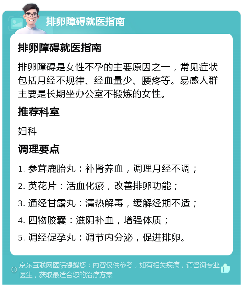 排卵障碍就医指南 排卵障碍就医指南 排卵障碍是女性不孕的主要原因之一，常见症状包括月经不规律、经血量少、腰疼等。易感人群主要是长期坐办公室不锻炼的女性。 推荐科室 妇科 调理要点 1. 参茸鹿胎丸：补肾养血，调理月经不调； 2. 英花片：活血化瘀，改善排卵功能； 3. 通经甘露丸：清热解毒，缓解经期不适； 4. 四物胶囊：滋阴补血，增强体质； 5. 调经促孕丸：调节内分泌，促进排卵。